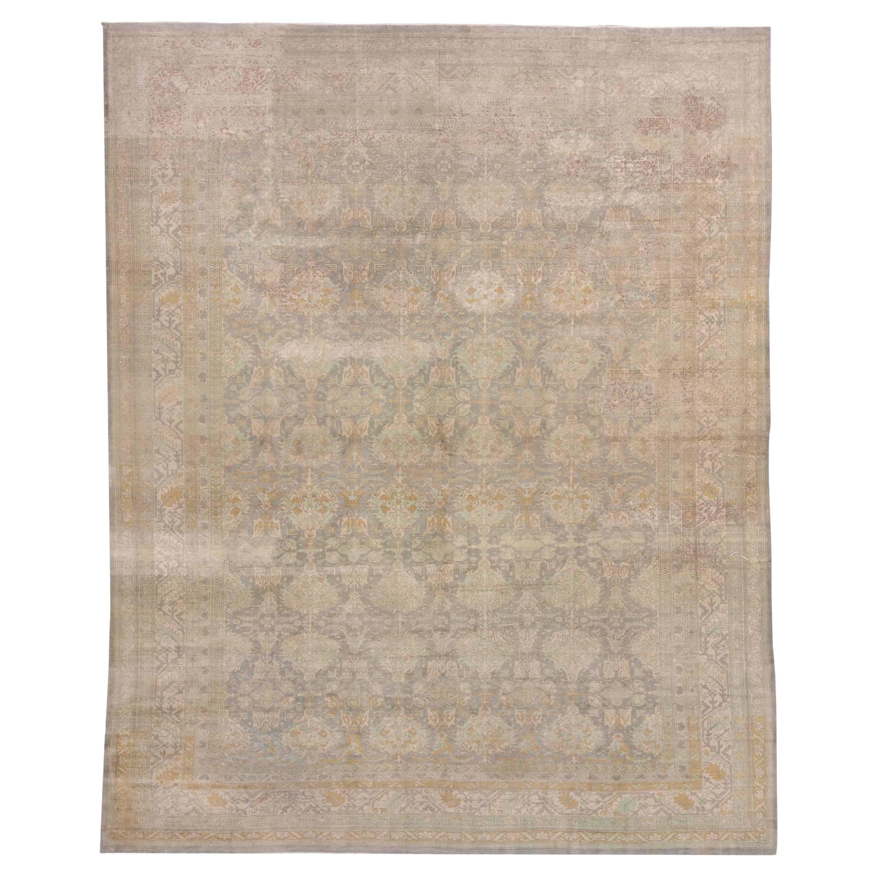 Room Sized Antique Oushak Rug, Gray & Seafoam Allover Field, Lightly Distressed
