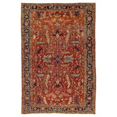 Tapis ancien persan Heriz en laine rouge à motifs floraux de la taille d'une pièce
