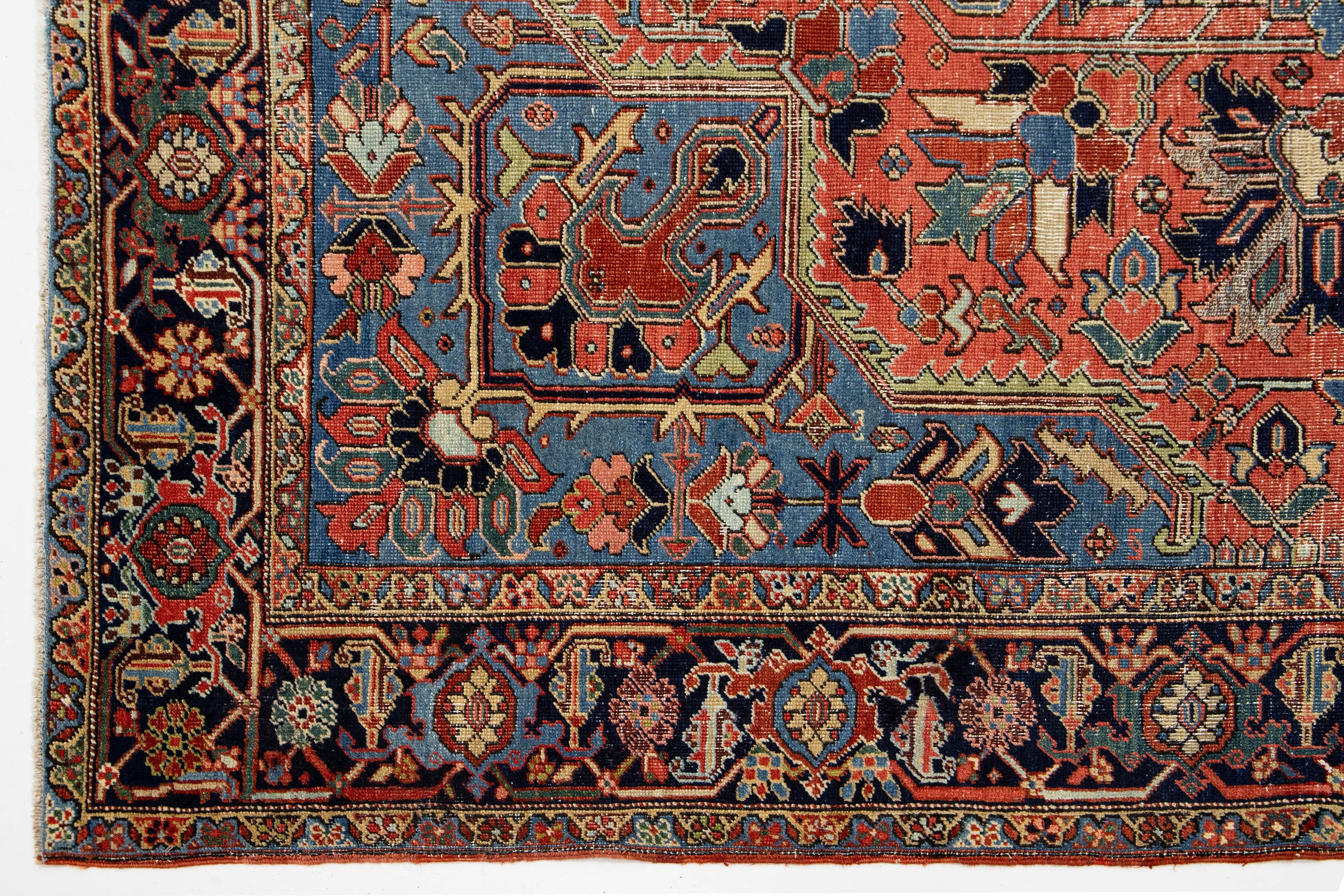 Room-Sized Antique Persian Heriz Rug in Red Wool Featuring a Medalllion Motif For Sale 2