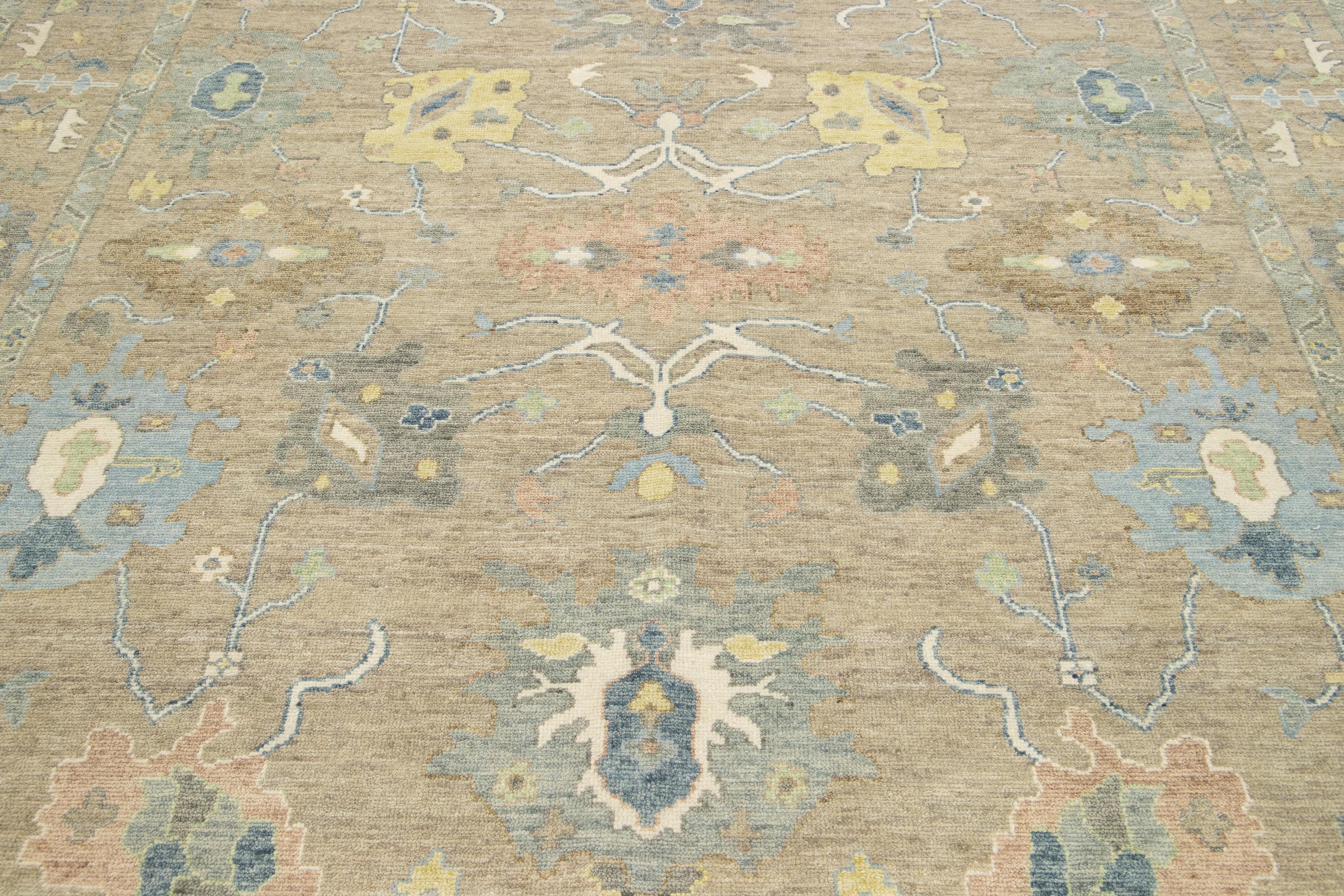 Room Sized Zeitgenössische Floral Oushak Stil Wolle Teppich In Beige im Angebot 3