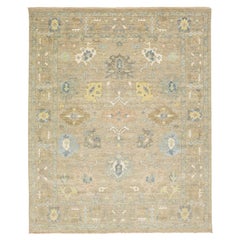 Tapis contemporain en laine de style Oushak à fleurs, beige, de la taille d'une pièce