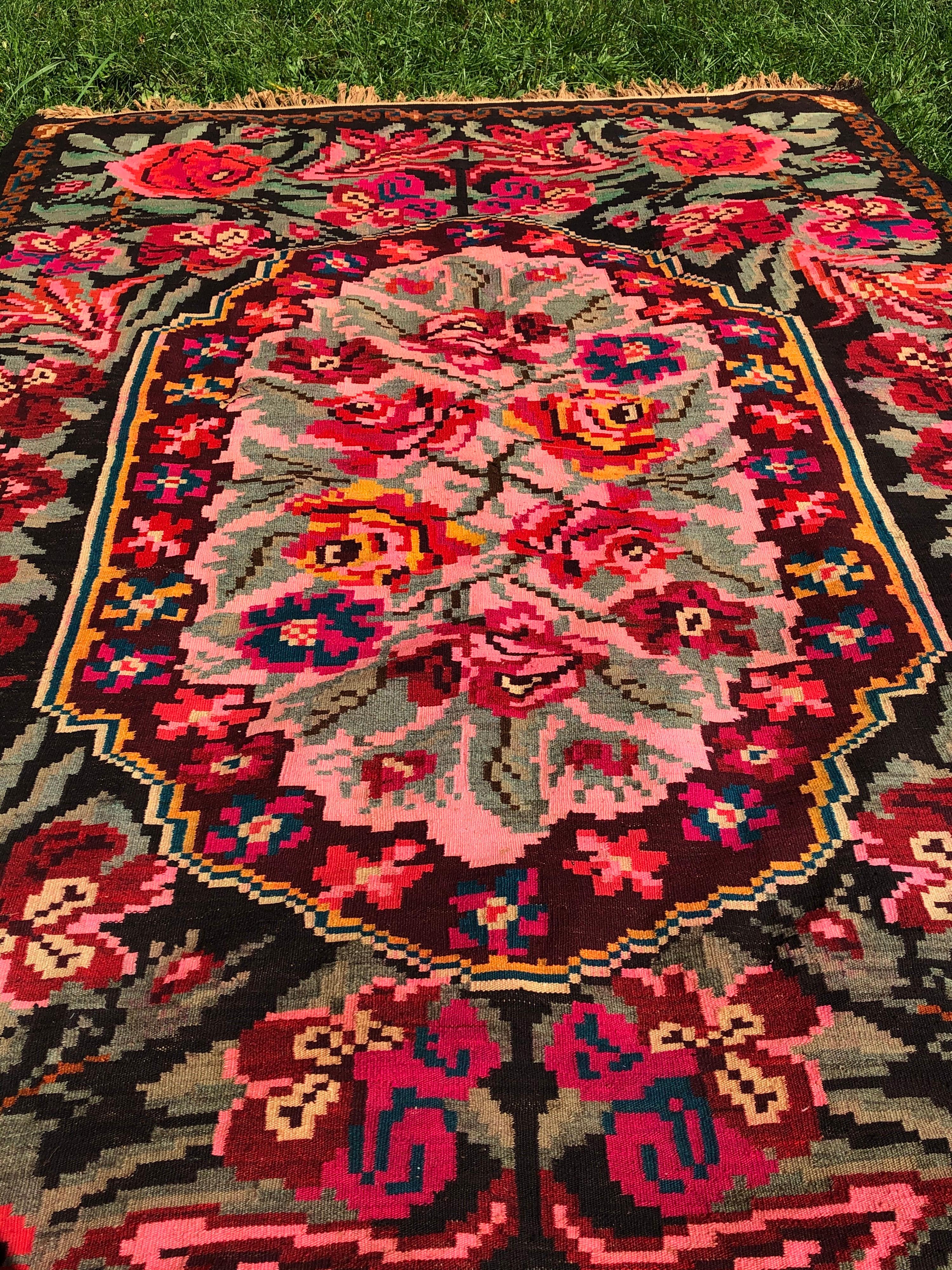 Turkish Colorful Room Sized Floral Kilim Carpet For Sale