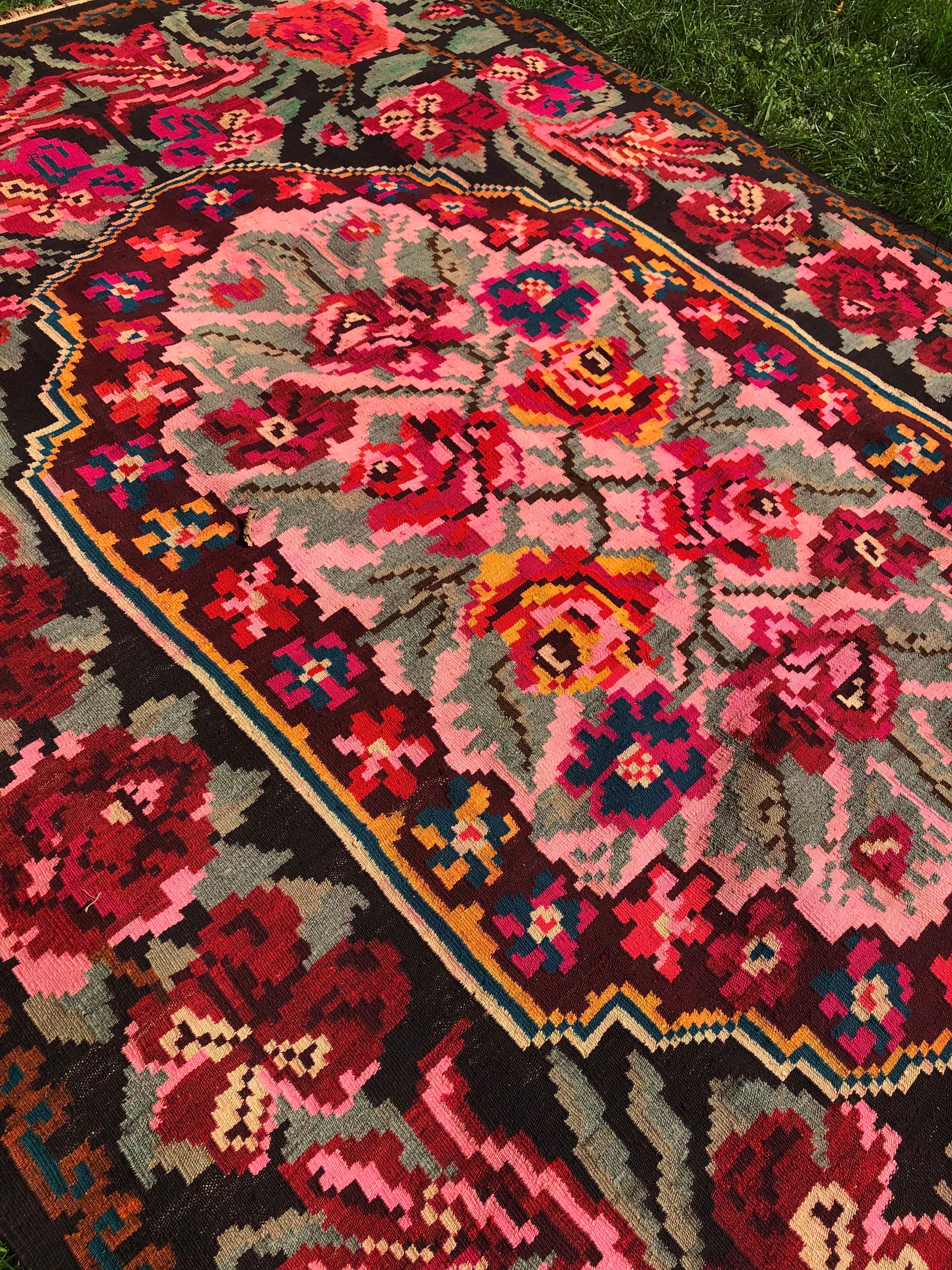 Woven Colorful Room Sized Floral Kilim Carpet For Sale