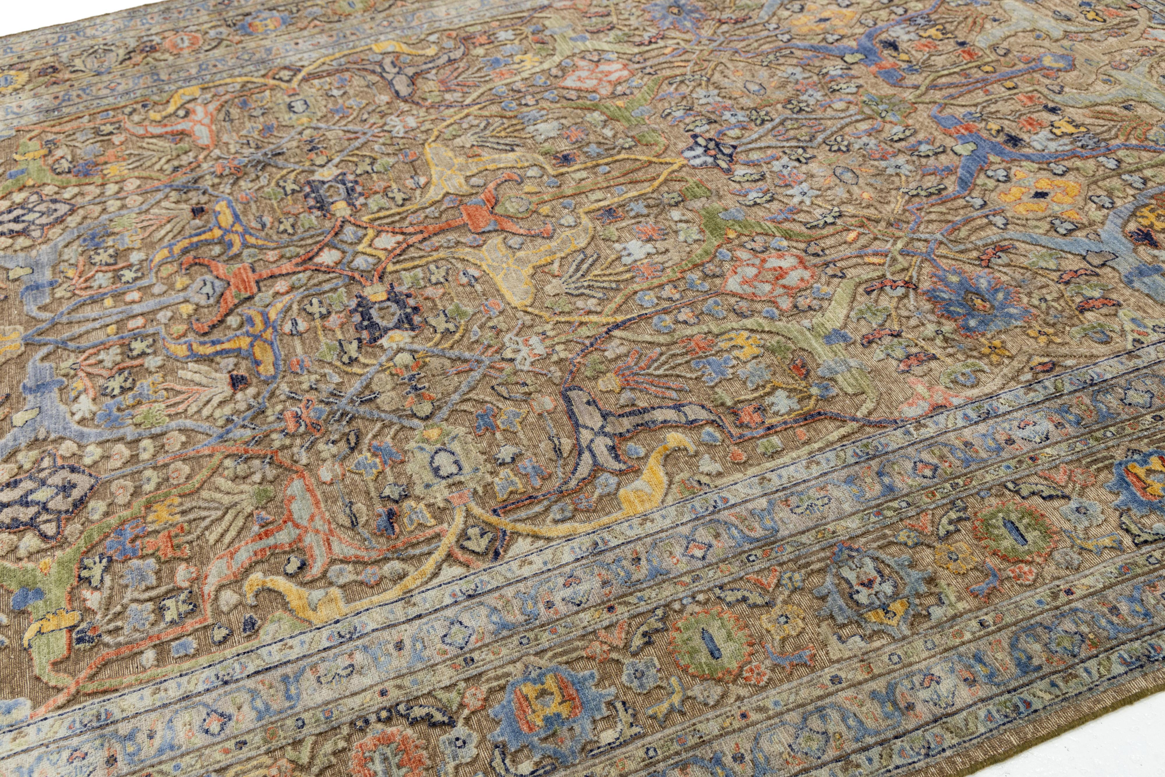 Noué à la main Tapis en laine de style By Design Modern, fait à la main en marron avec motif Allover, de la taille d'une pièce en vente