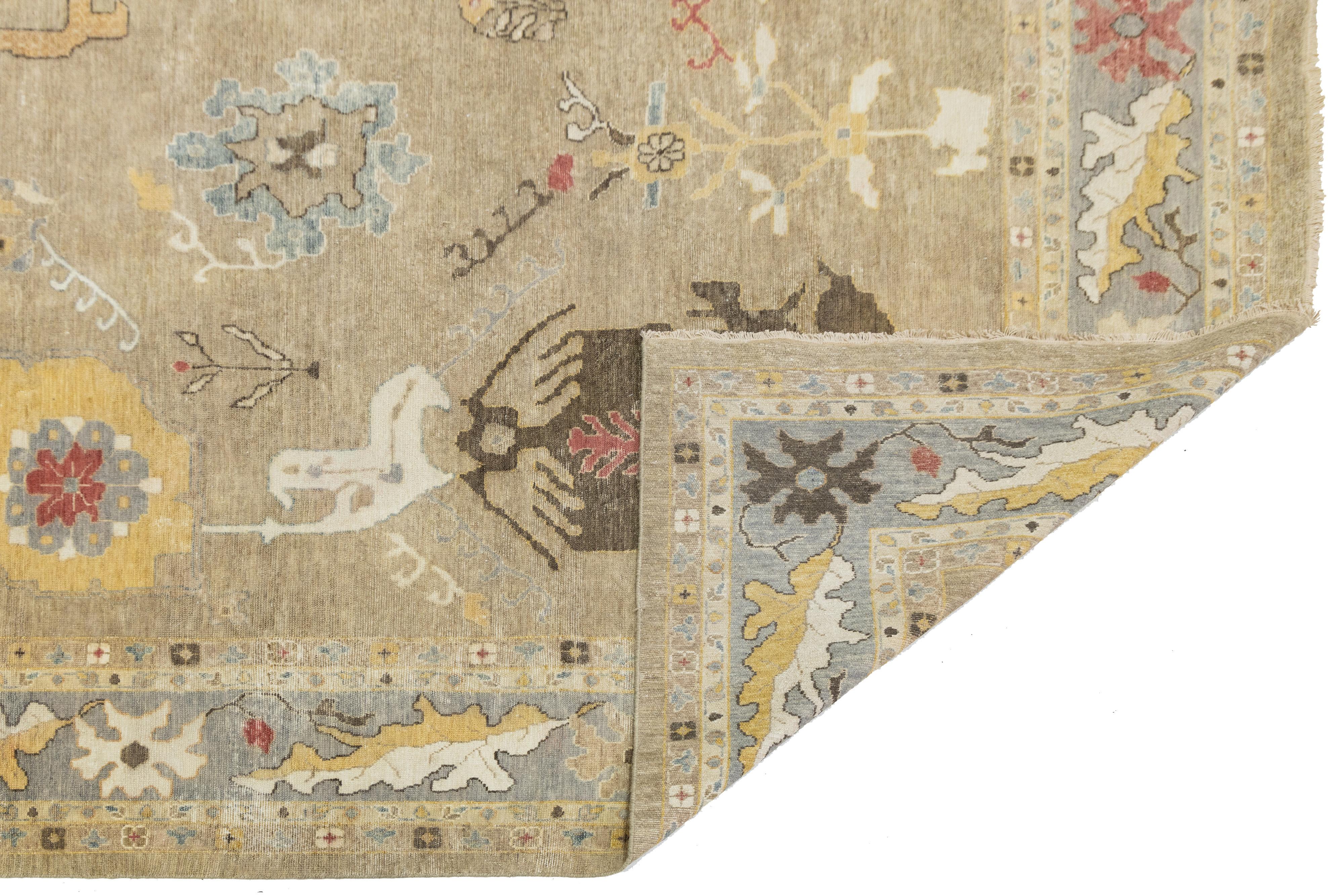 Room Sized Modern Floral Oushak Stil Braun Wolle Teppich In einem 12 x 15 (Indisch) im Angebot