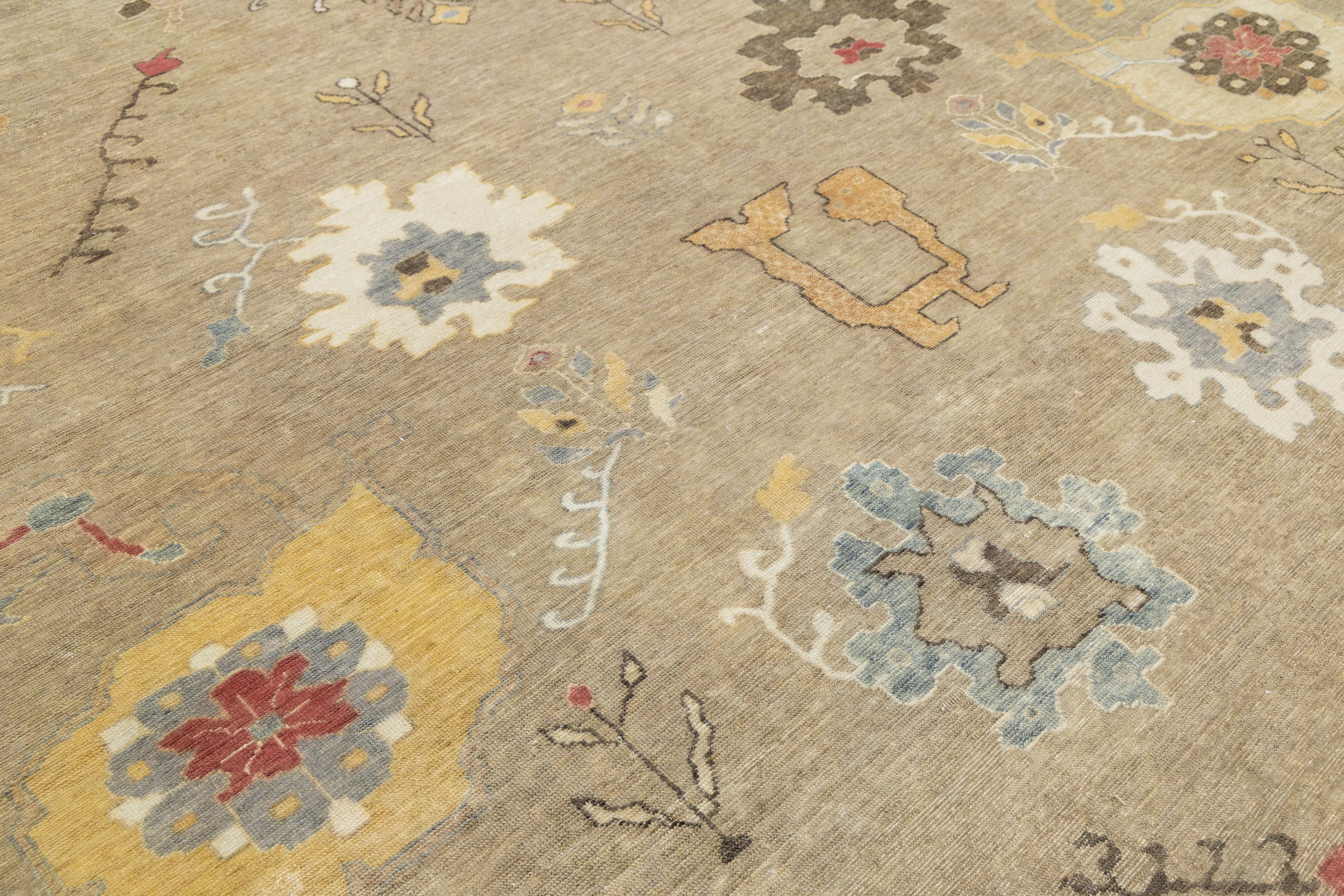 Room Sized Modern Floral Oushak Stil Braun Wolle Teppich In einem 12 x 15 im Zustand „Neu“ im Angebot in Norwalk, CT