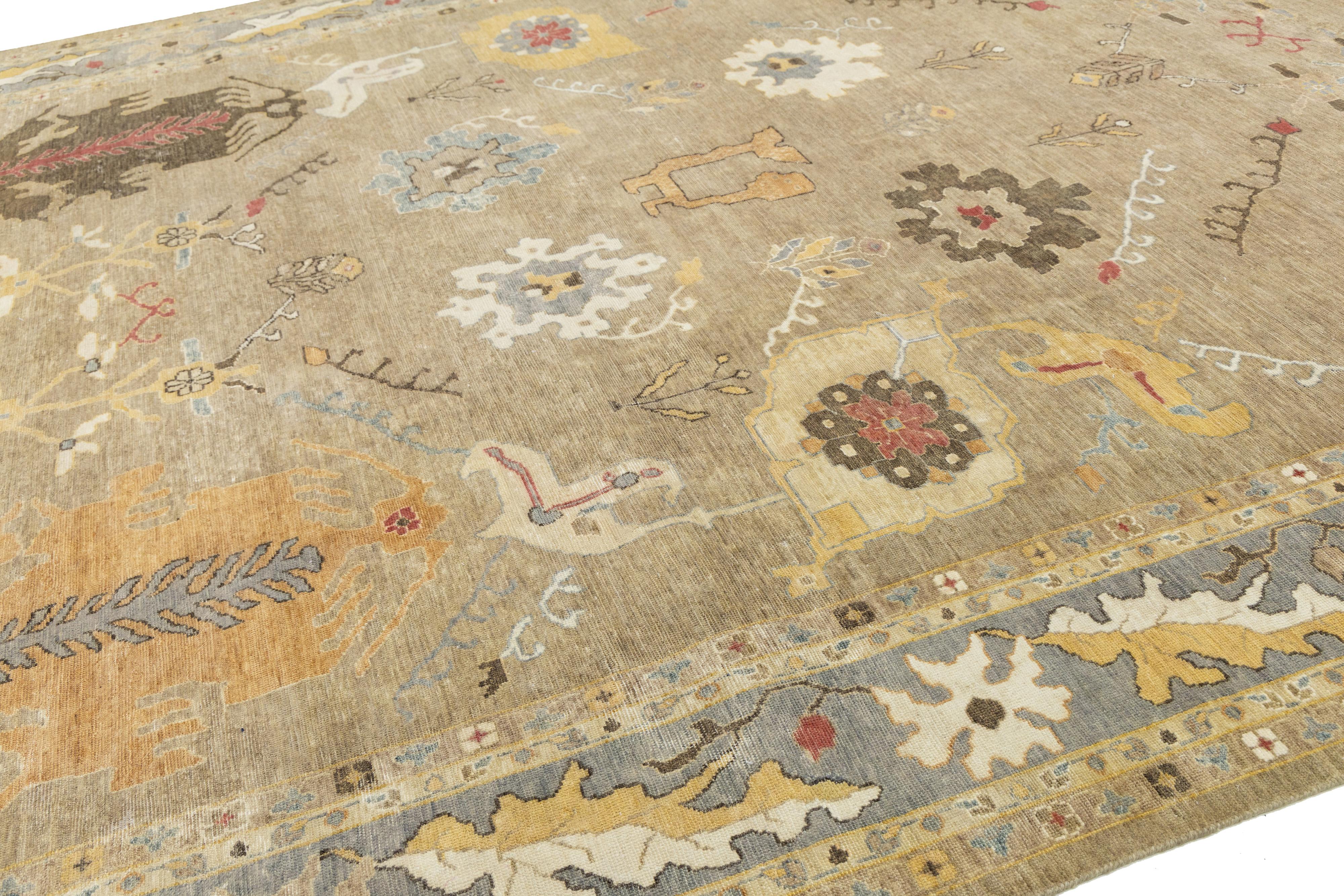Room Sized Modern Floral Oushak Stil Braun Wolle Teppich In einem 12 x 15 im Angebot 3