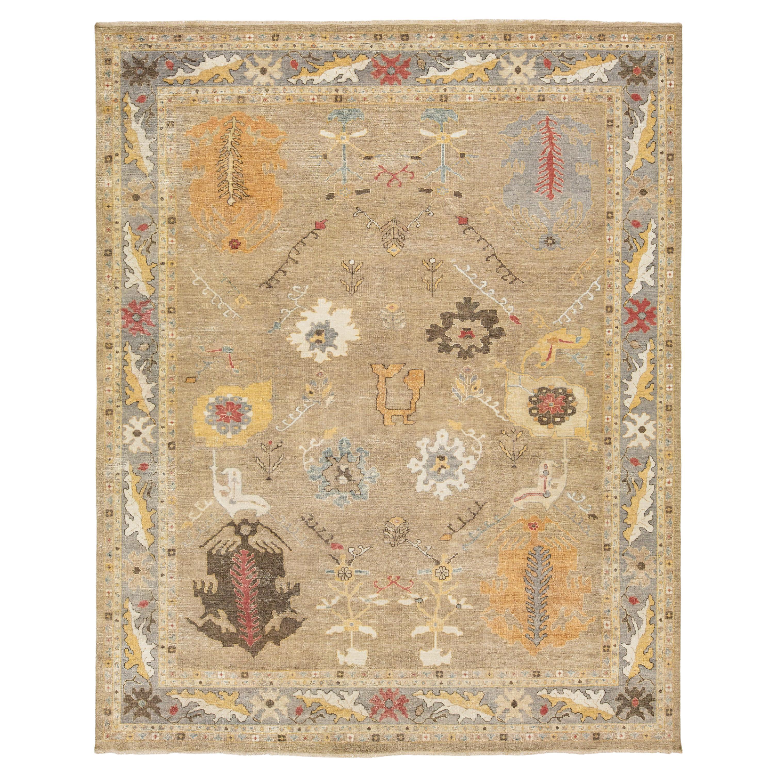 Room Sized Modern Floral Oushak Stil Braun Wolle Teppich In einem 12 x 15 im Angebot