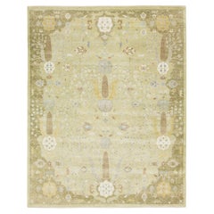 Room Sized Modern Floral Oushak Style Wool Rug Handmade In Green (Tapis de laine moderne de style Oushak fait à la main en vert)