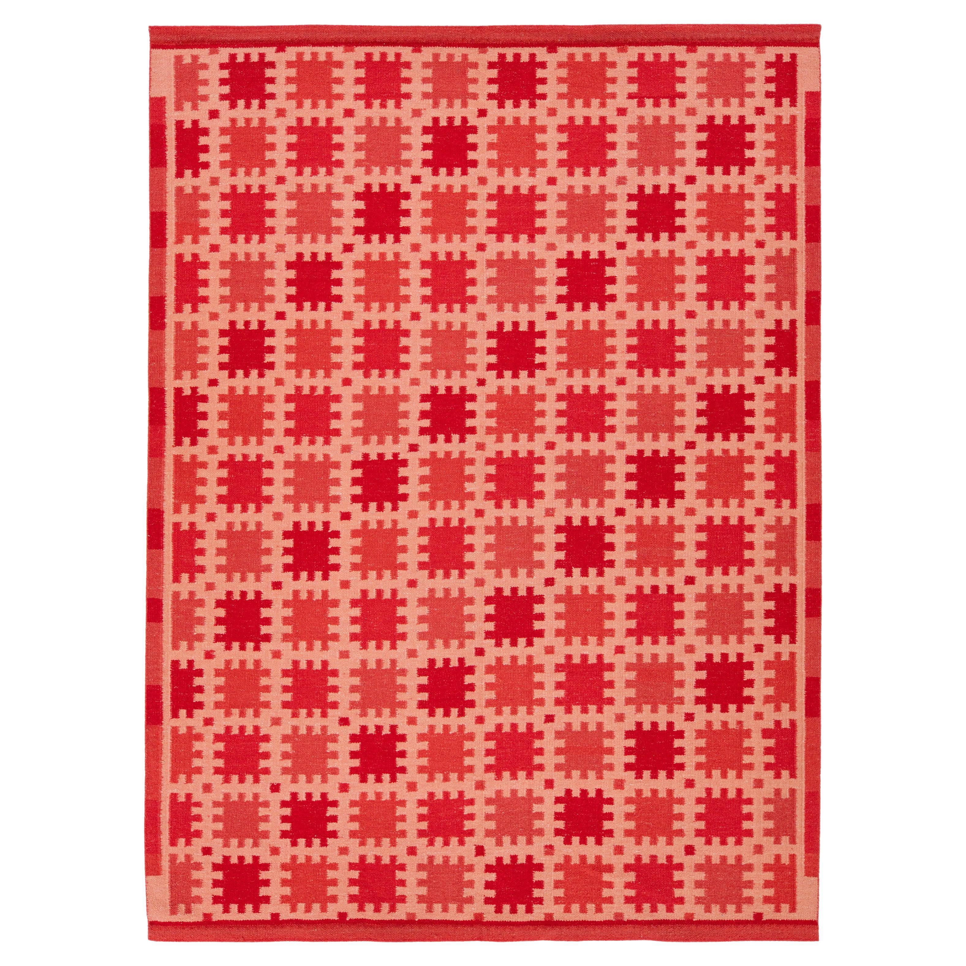 Tapis moderne de style suédois à tissage plat et à motif géométrique en laine rouge, de la taille d'une pièce en vente