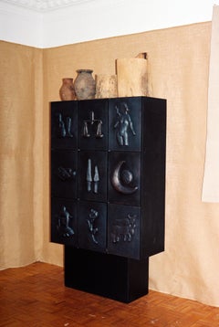 Blackened Copper and Wood Hand-Carved Low Relief 9-Compartment Cabinet