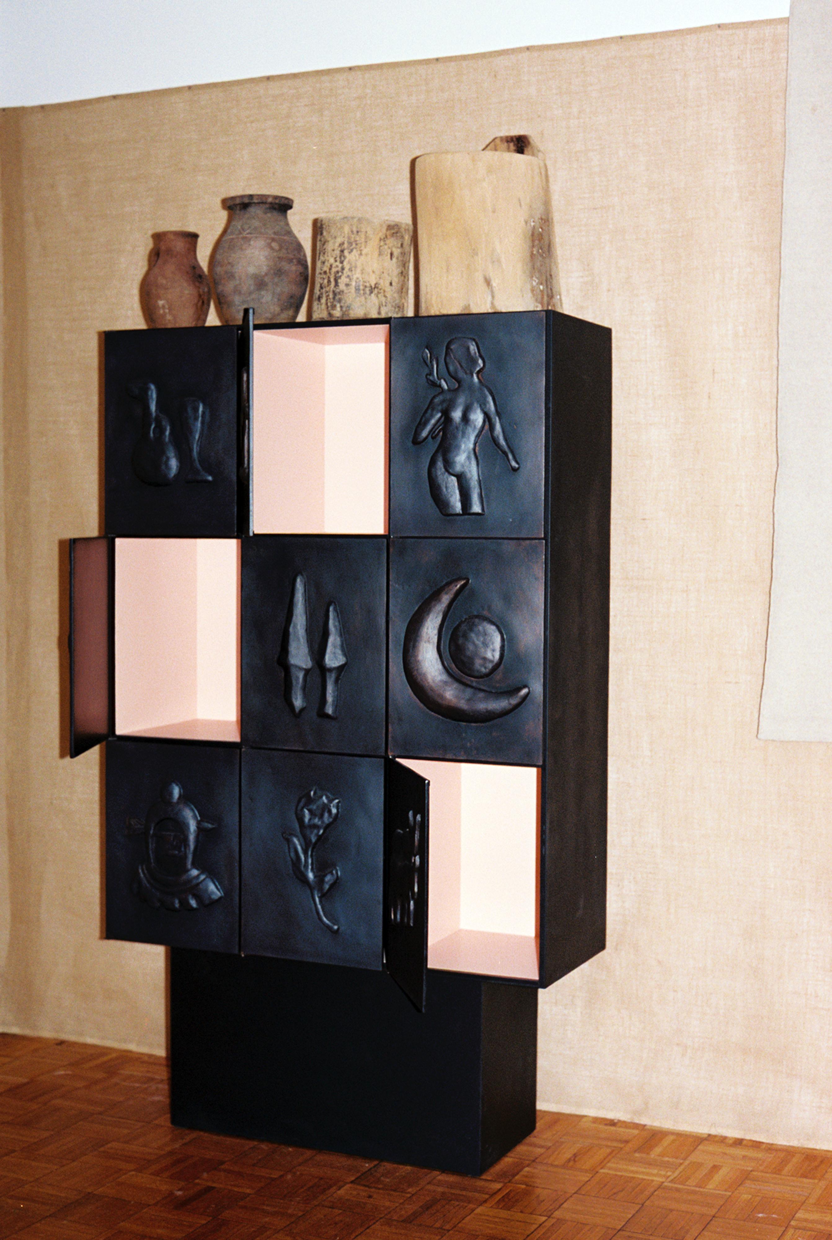 Georgian Blackened Copper and Wood Hand-Carved Low Relief 9-Compartment Cabinet