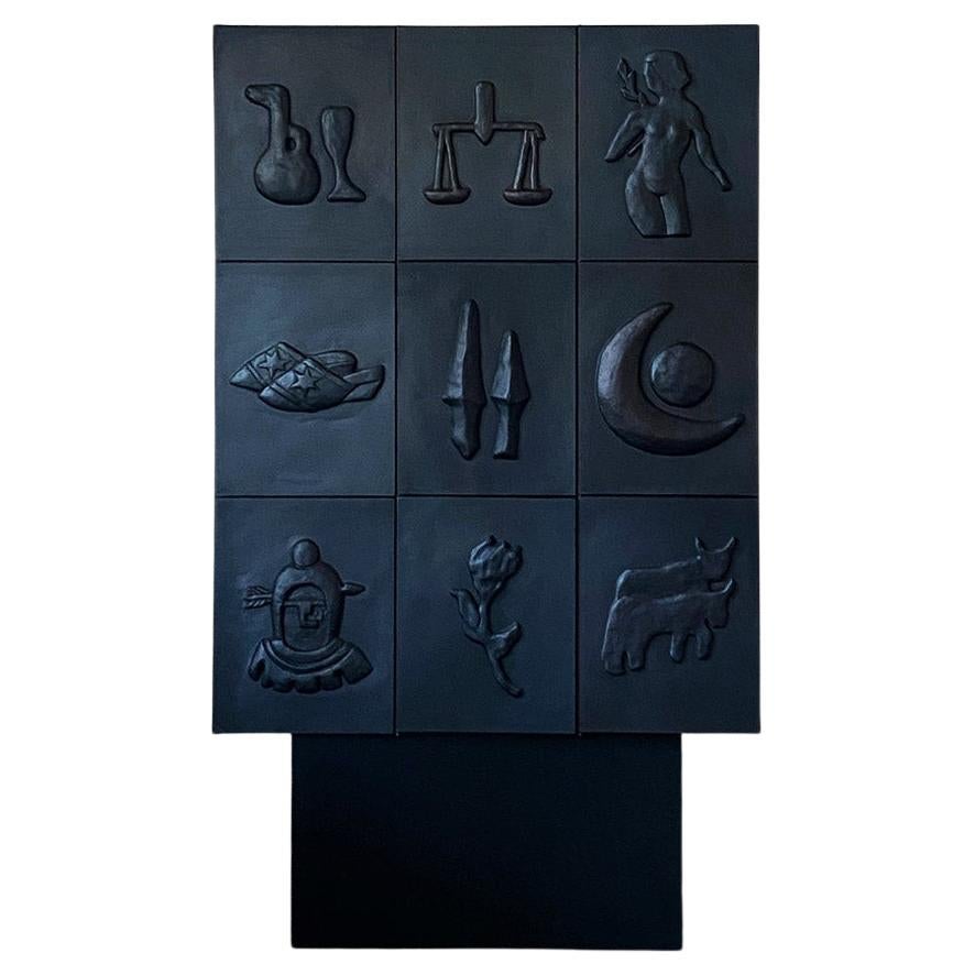 Blackened Copper and Wood Hand-Carved Low Relief 9-Compartment Cabinet For Sale