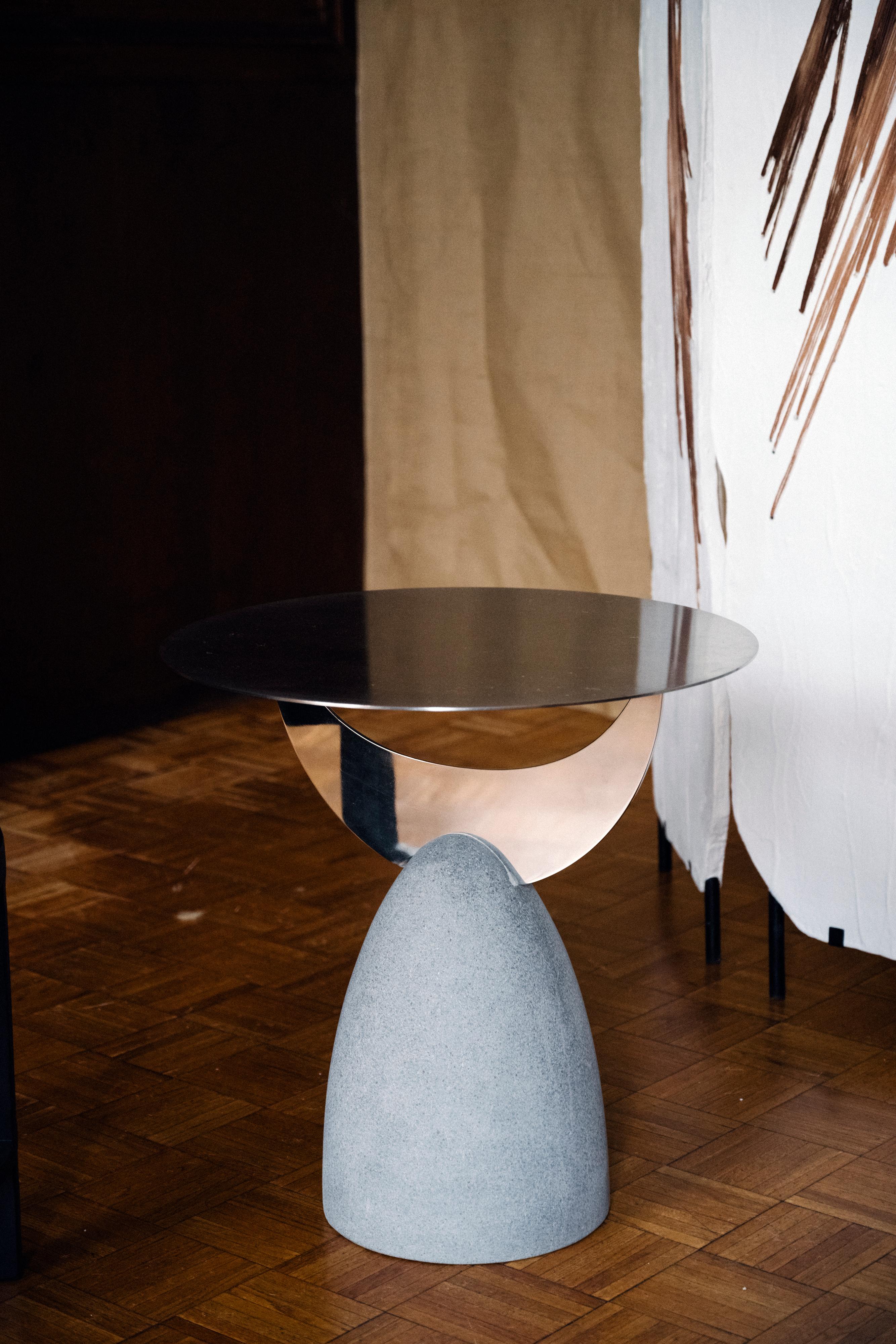 Minimalist Side Table with Basalt Stone Base and Stainless Steel Top For Sale