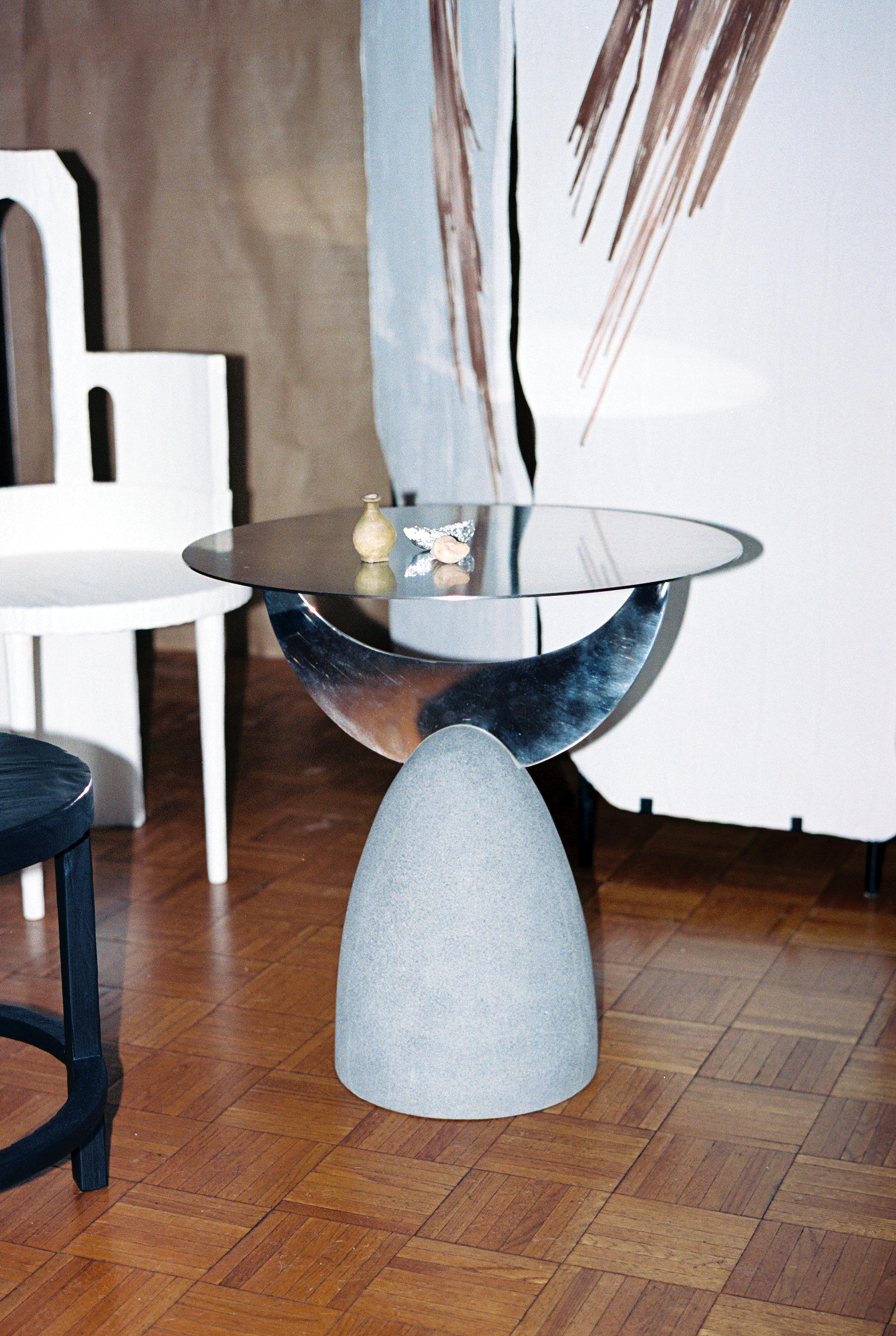 Hand-Crafted Side Table with Basalt Stone Base and Stainless Steel Top For Sale