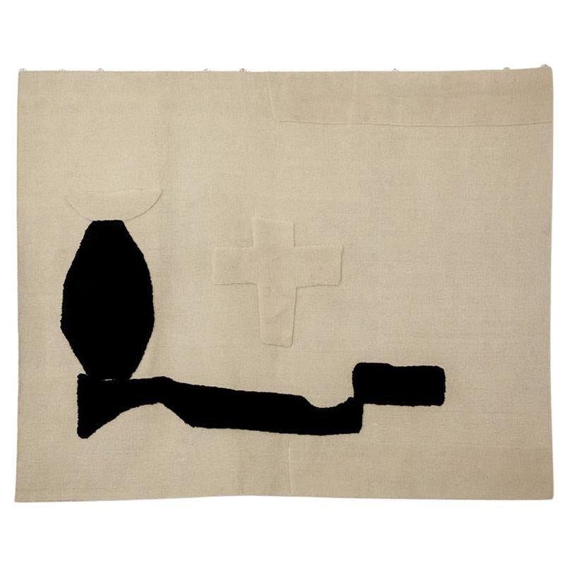 Cashmere and Wool Wall Tapestry in Black and Cream Abstract Minimalist Design