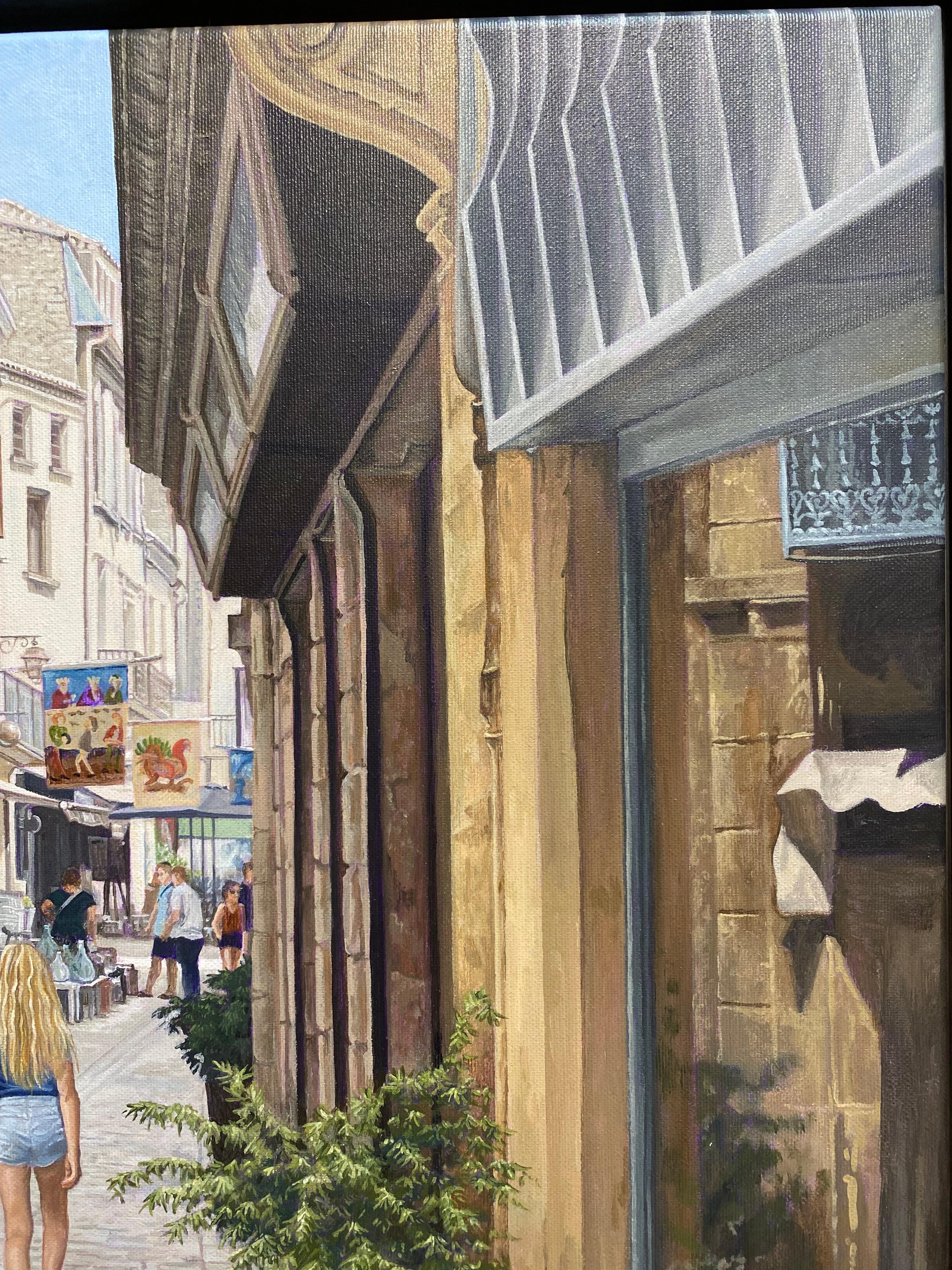 Belvès - 21. Jahrhundert Hyperrealistisches Ölgemälde einer Stadt (Realismus), Painting, von Roos van der Meijden