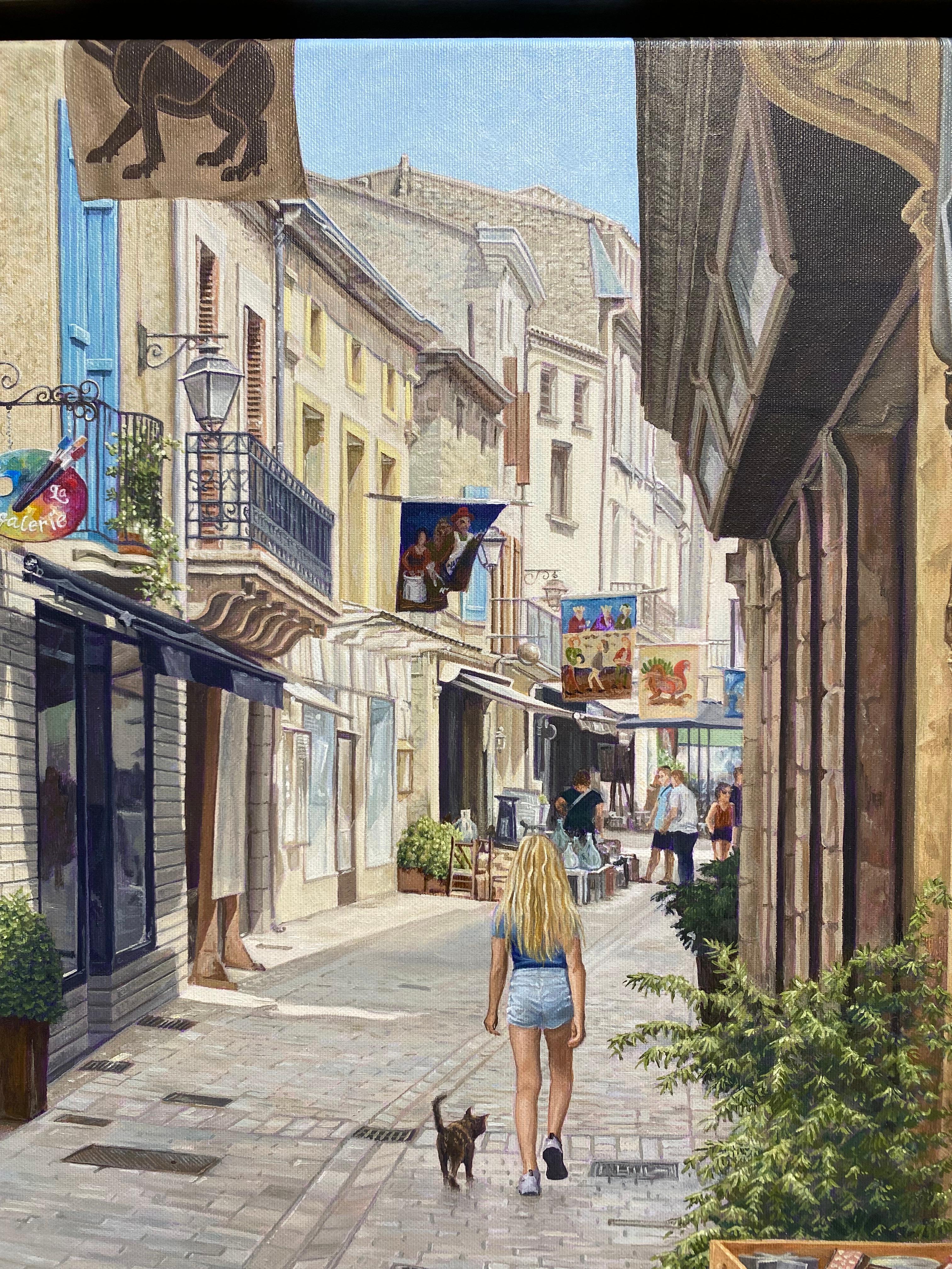 Belvès - 21. Jahrhundert Hyperrealistisches Ölgemälde einer Stadt (Grau), Figurative Painting, von Roos van der Meijden