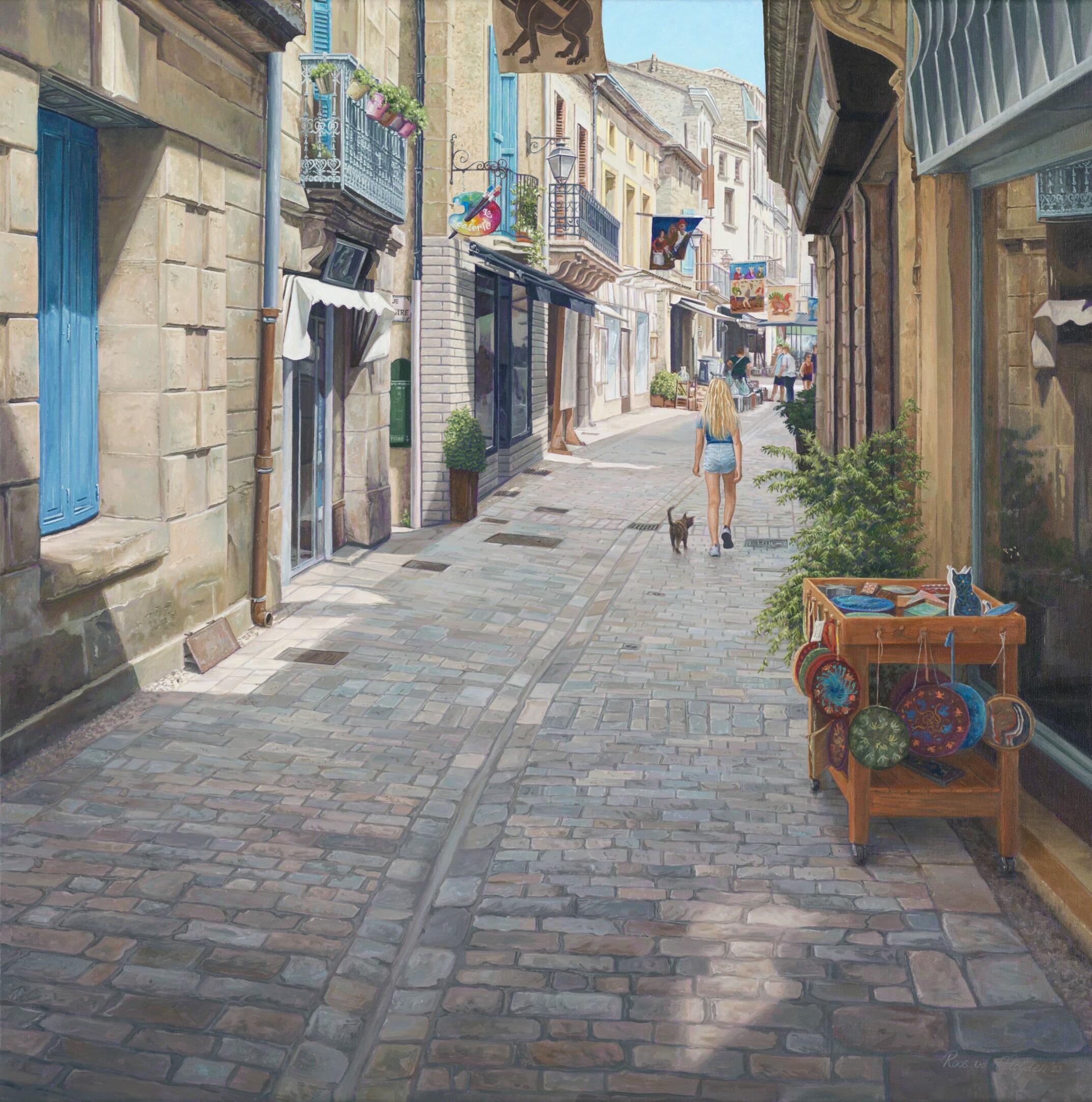 Roos van der Meijden Figurative Painting – Belvès - 21. Jahrhundert Hyperrealistisches Ölgemälde einer Stadt