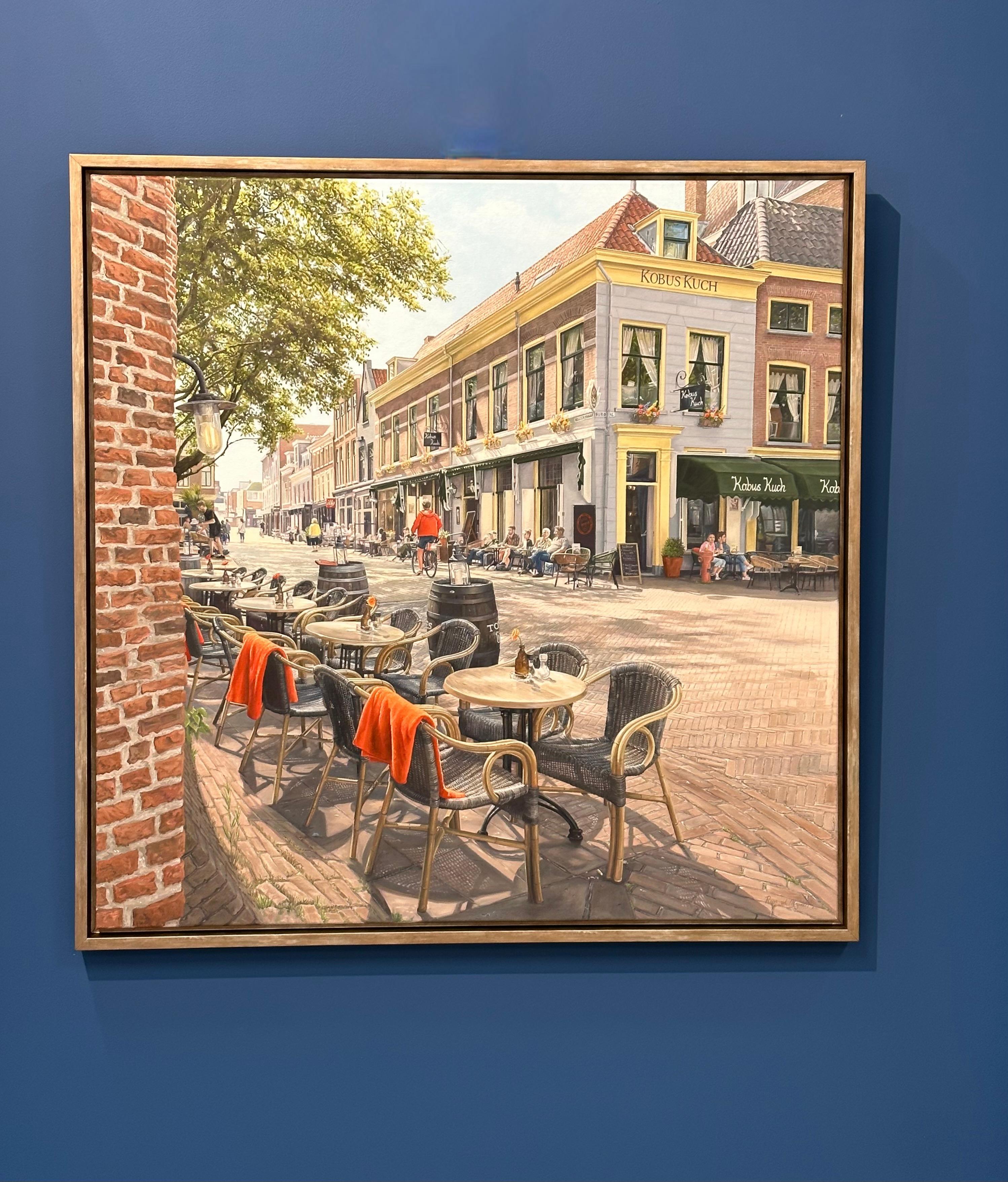 Kobus Kuch, Delft - Quadro ad olio iperrealistico del XXI secolo raffigurante una città olandese - Painting di Roos van der Meijden