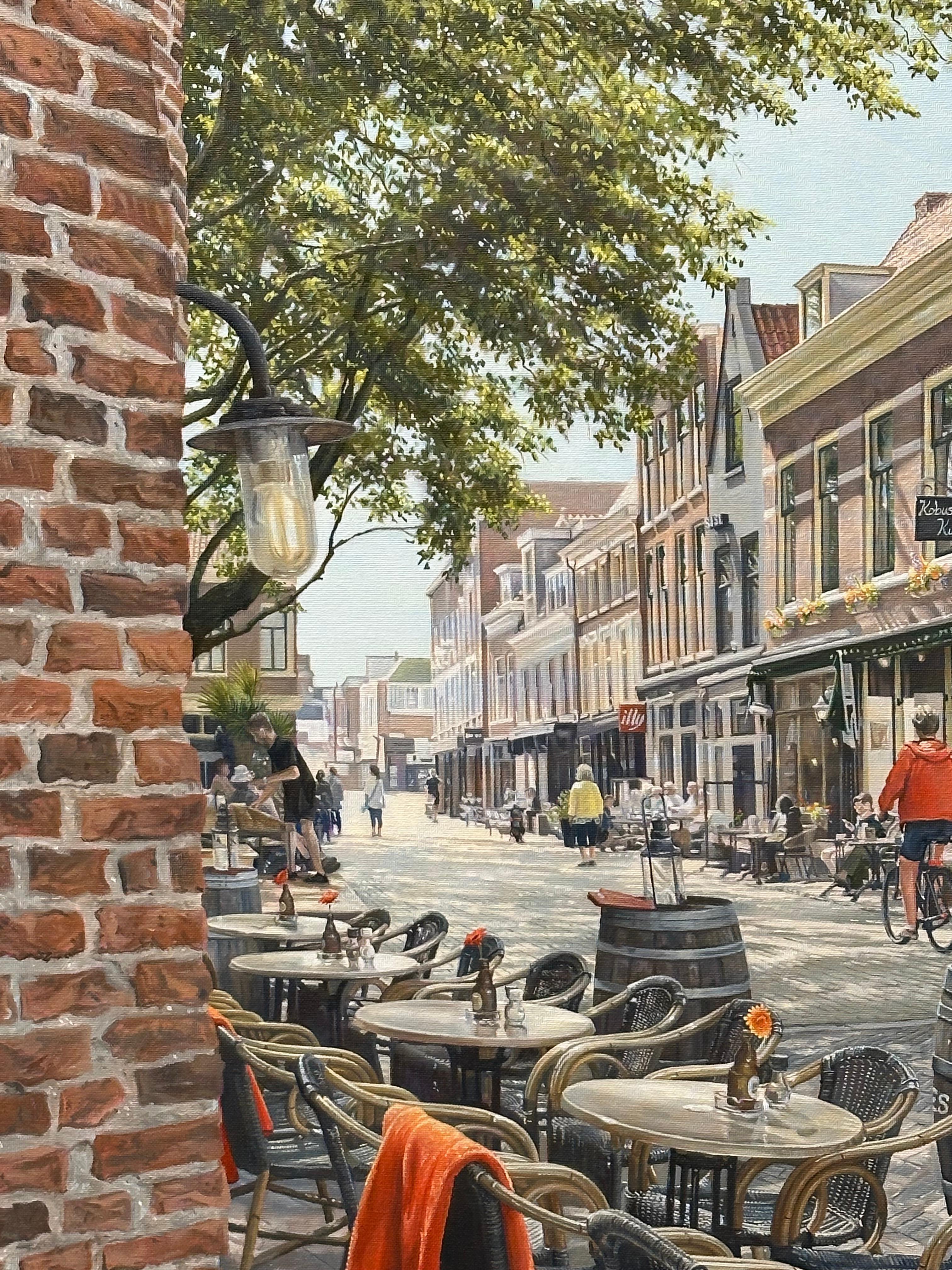 Roos van der Meijden
Kobus Kuch
100 x 100 cm ( framed 108 x 108 cm, frame is included in price )
Acrylic on canvas

Dutch artist Roos van der Meijden is famous because of her cityscapes. In her very realistic way of paintings she is fond of all