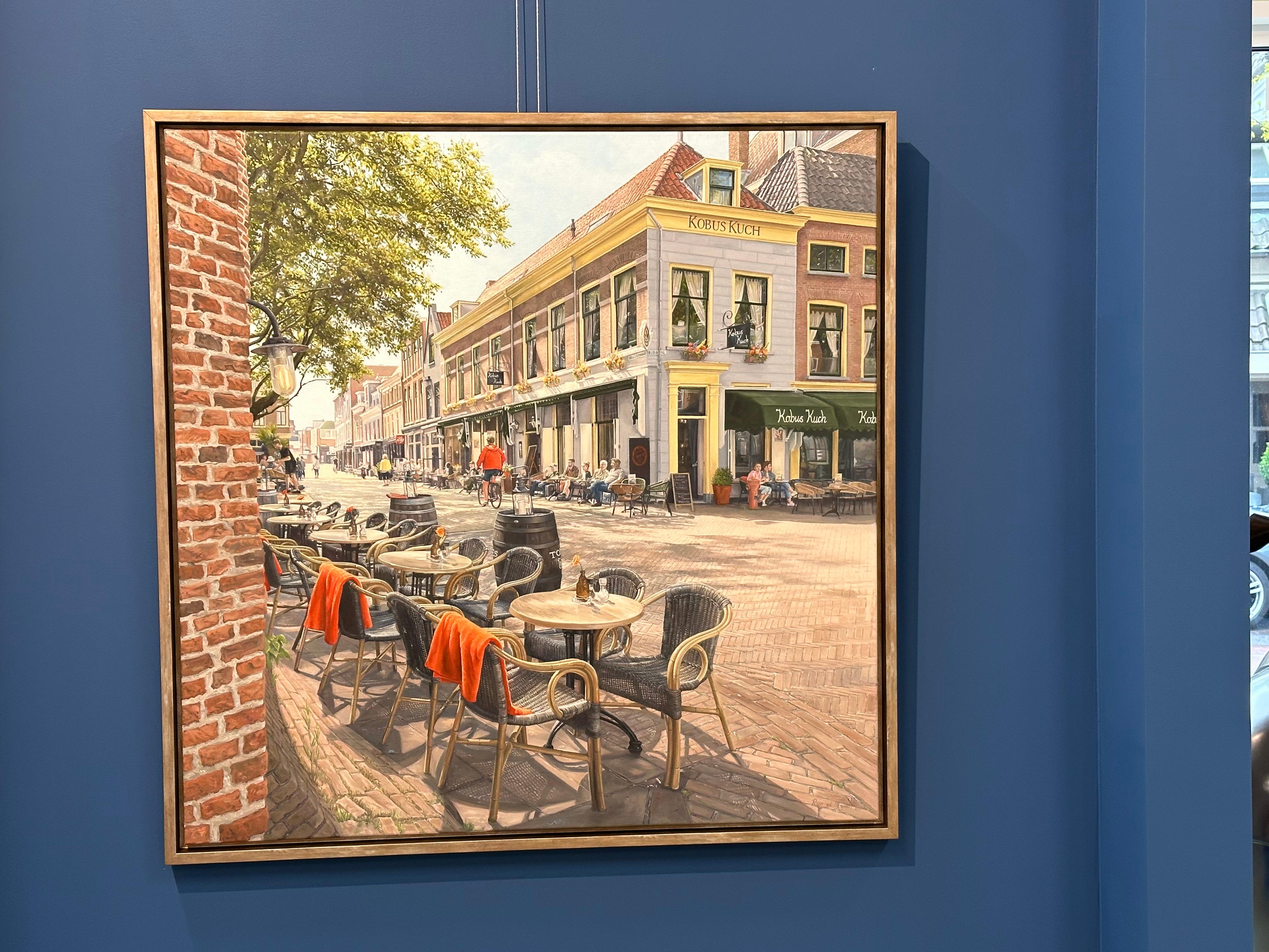 Roos van der Meijden
Kobus Kuch
100 x 100 cm ( framed 108 x 108 cm, frame is included in price )
Acrylic on canvas

Dutch artist Roos van der Meijden is famous because of her cityscapes. In her very realistic way of paintings she is fond of all