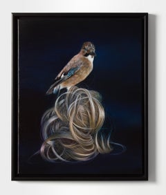 "Good Omen", Contemporary Realism Painting of Bird on Dark Ground, Framed