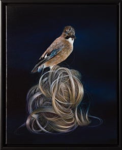 "Good Omen", Contemporary Realism Painting of Bird on Dark Ground, Framed