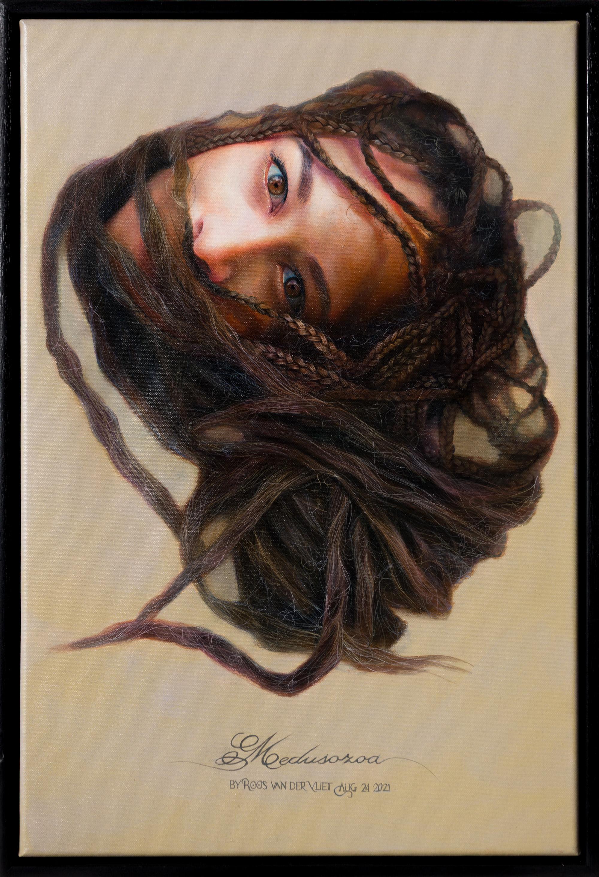 Roos van der Vliet Figurative Painting - "Medusozoa", Contemporary Surreal Portrait of a Woman with Flowing Braids
