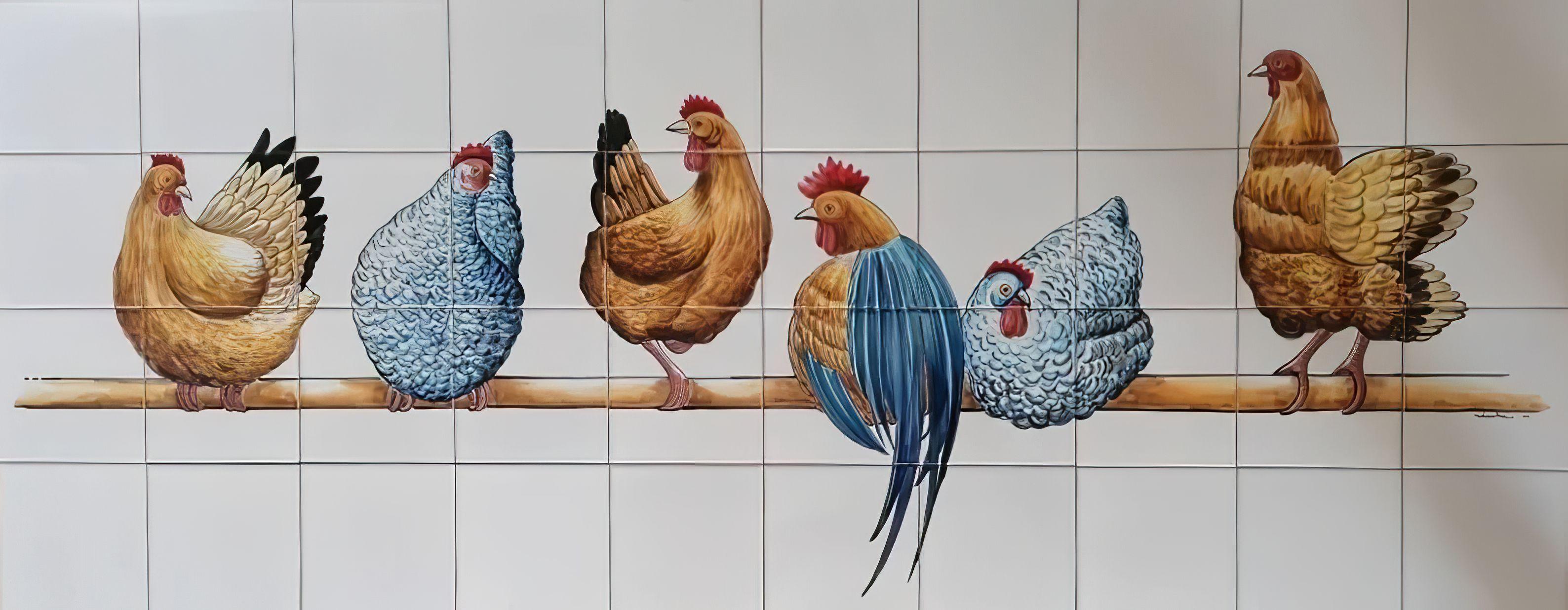 Azulejos Portuguese Kitchen Tiles "Chicken" Hand Painted and Signed by Artist For Sale