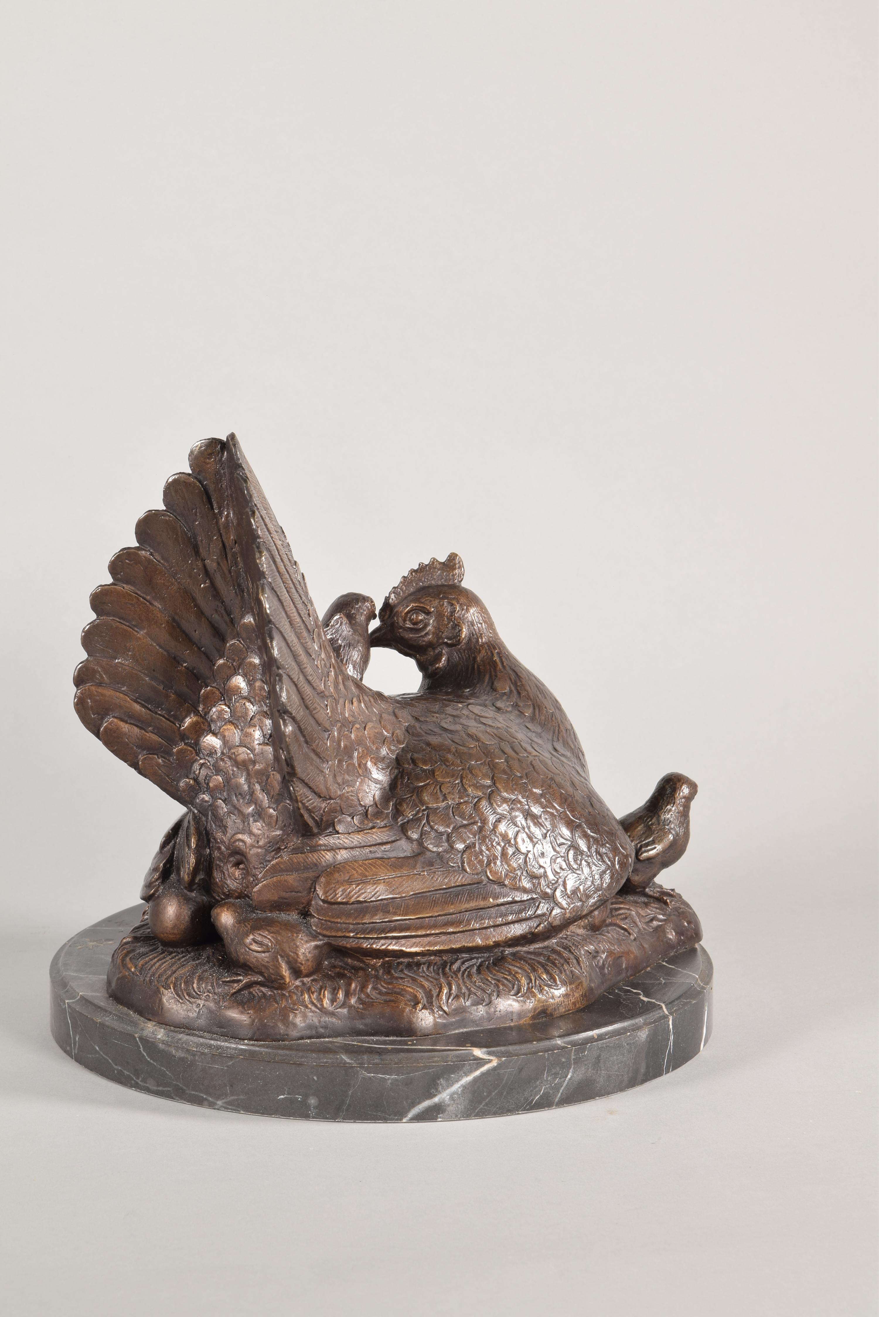 Coq et poule, ensemble de sculptures, bronze, marbre 3