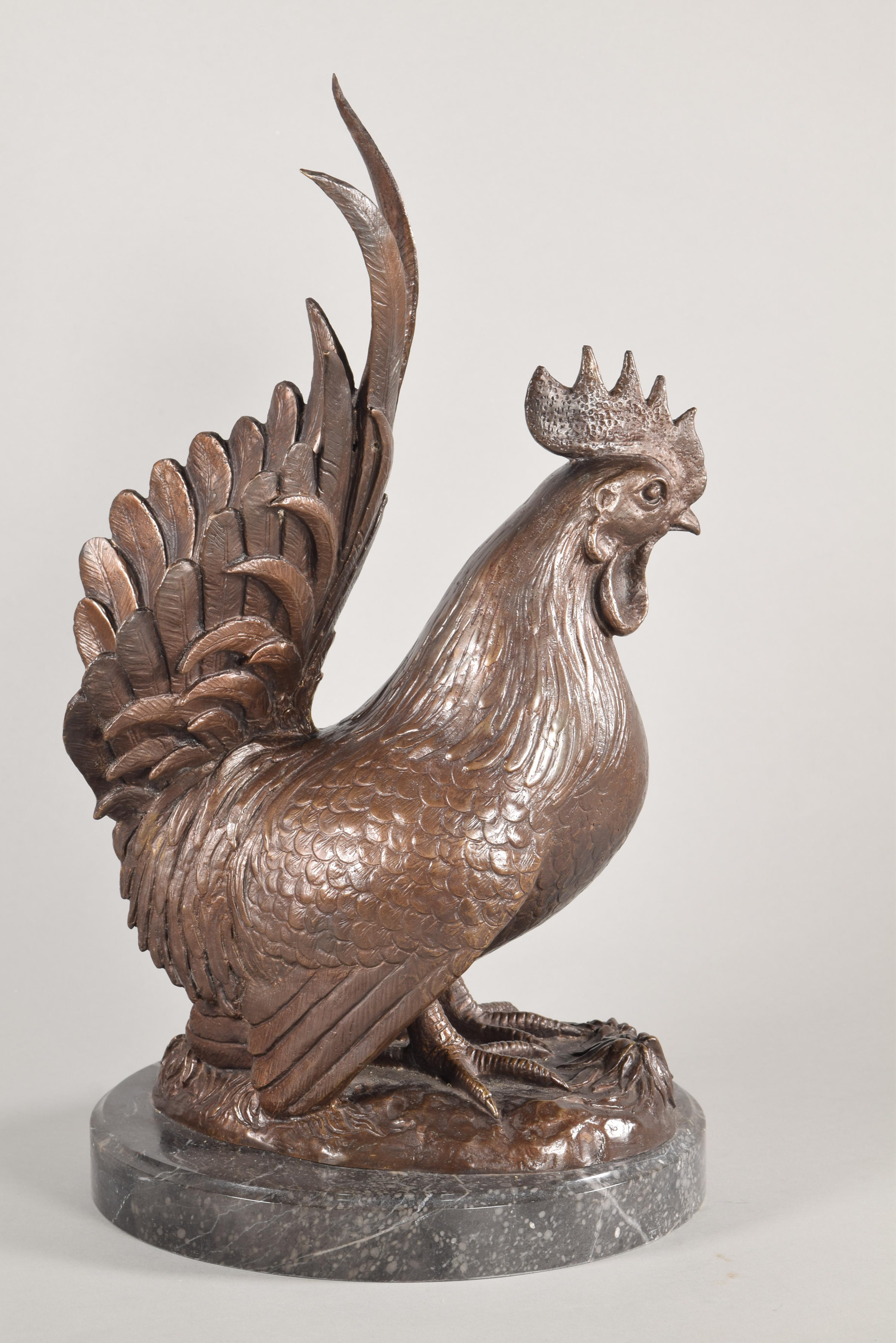 Européen Coq et poule, ensemble de sculptures, bronze, marbre