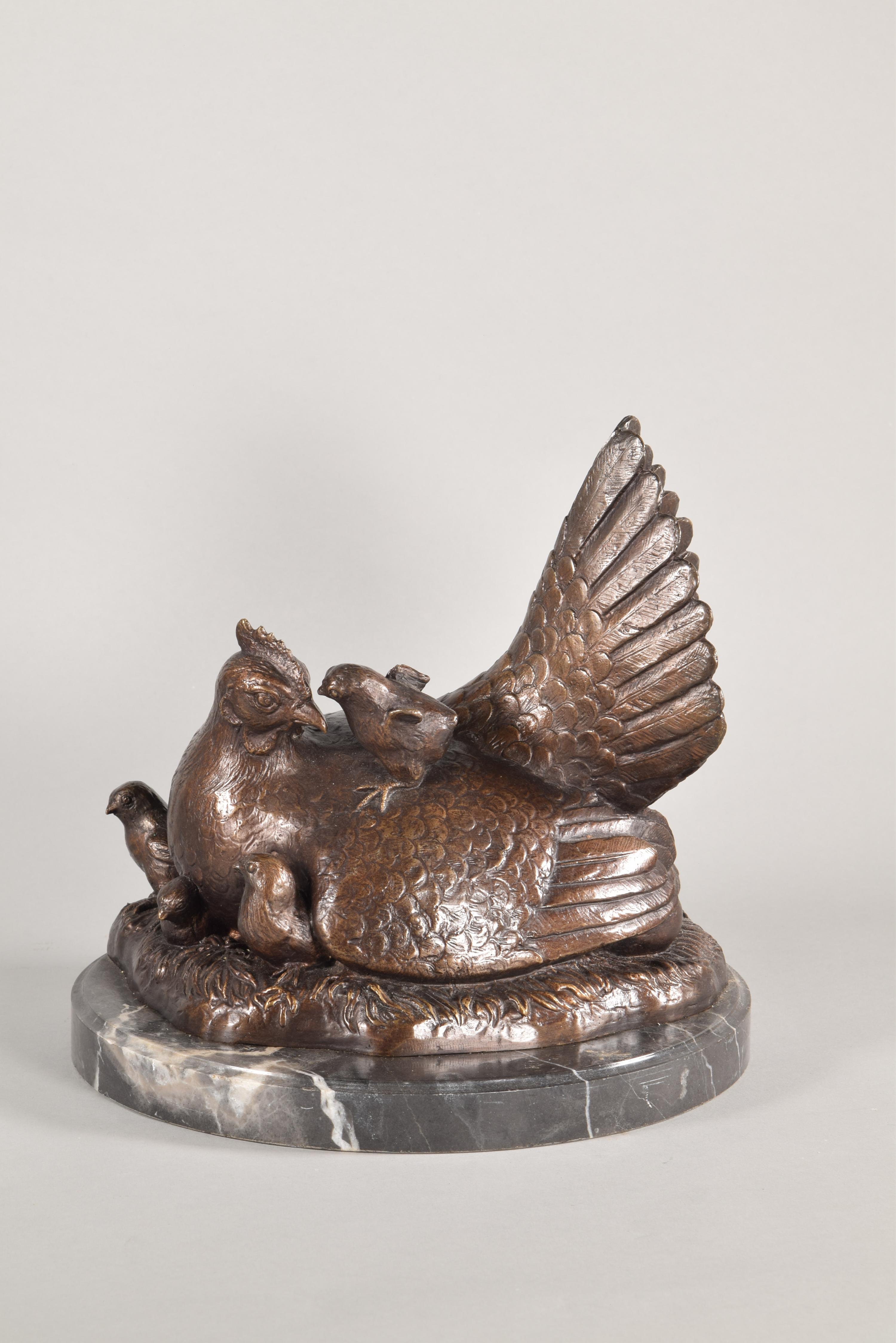 Rooster and Hen, Set of Sculptures, Bronze, Marble In Good Condition In Madrid, ES