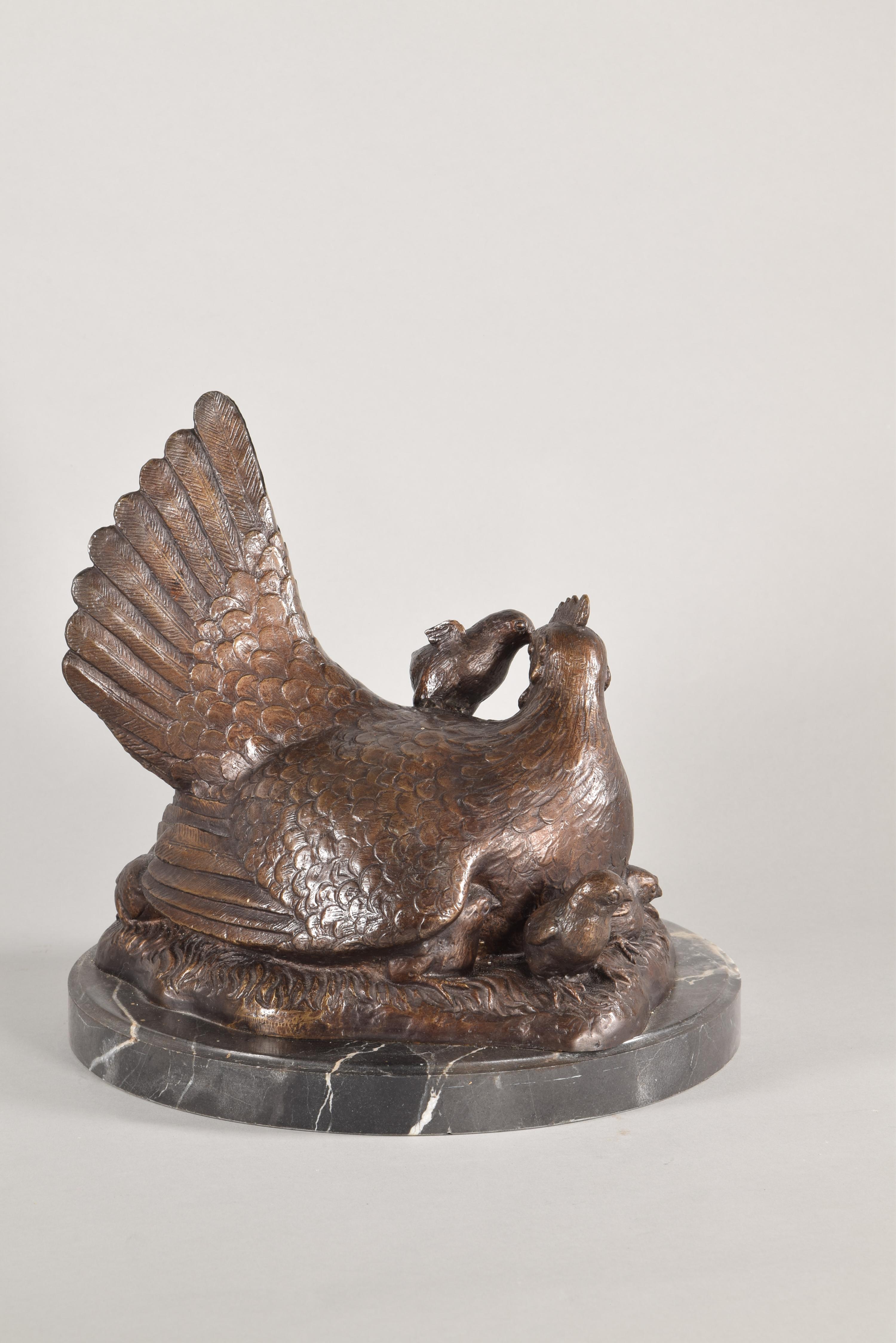 20ième siècle Coq et poule, ensemble de sculptures, bronze, marbre