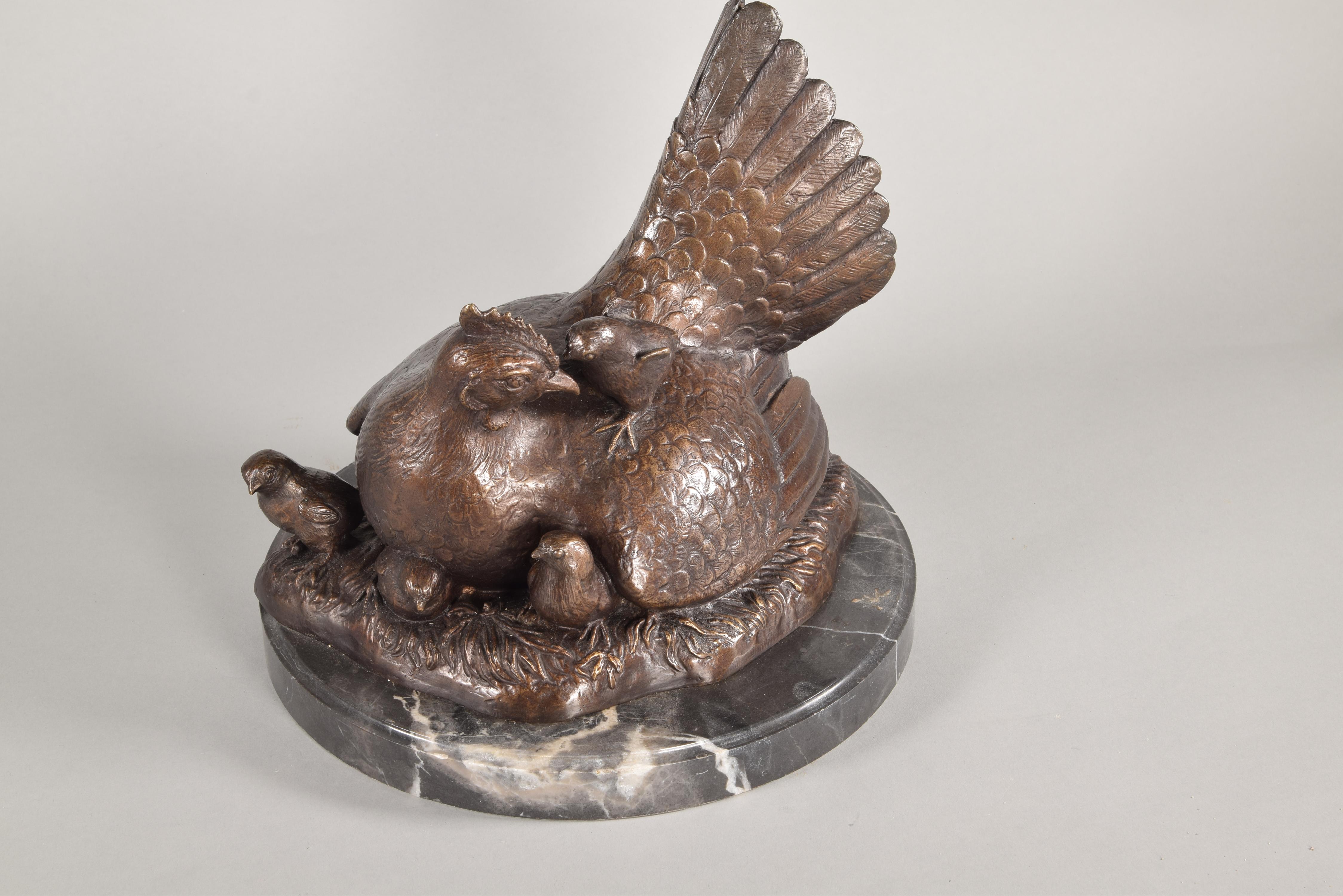 Bronze Coq et poule, ensemble de sculptures, bronze, marbre