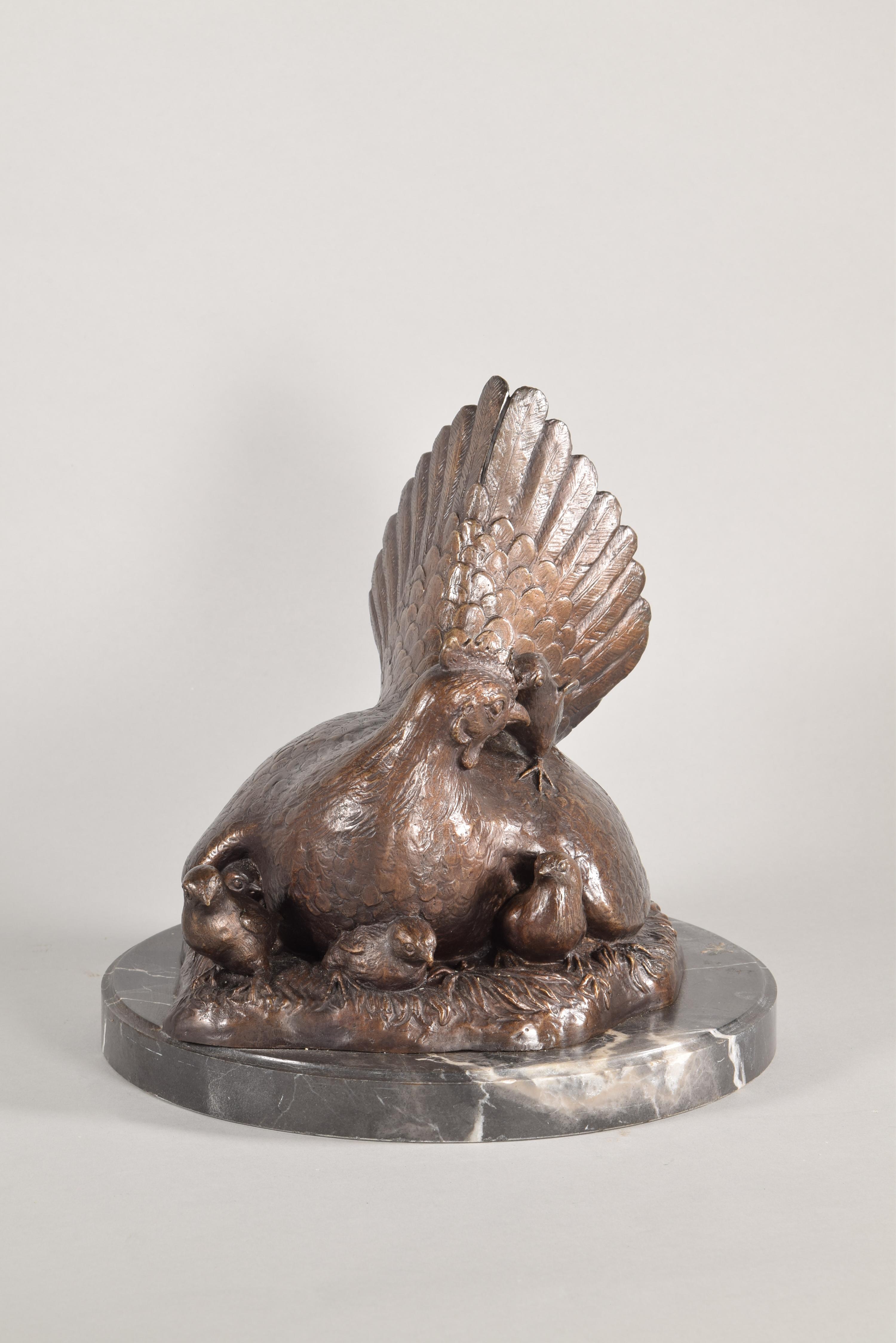 Coq et poule, ensemble de sculptures, bronze, marbre 2