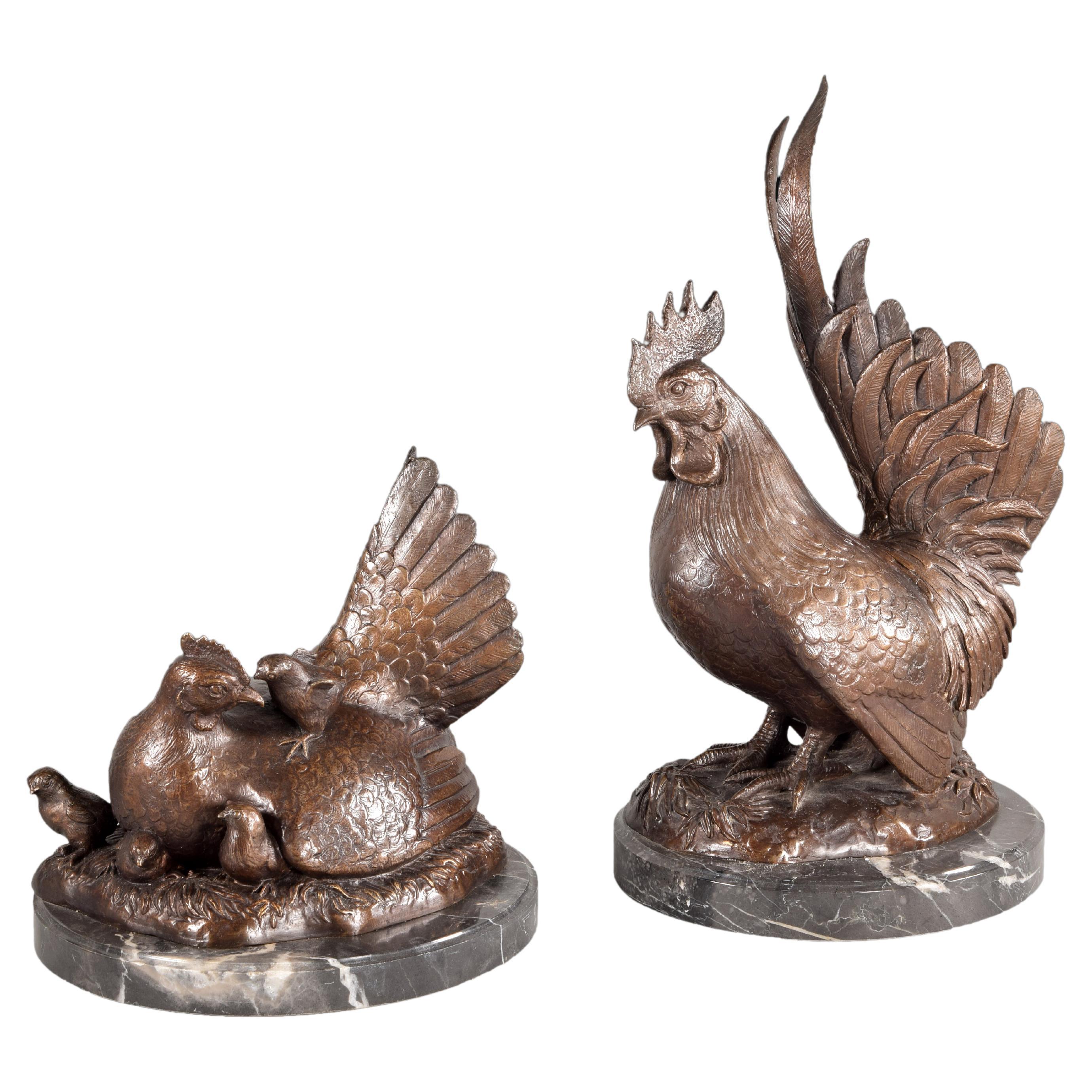 Coq et poule, ensemble de sculptures, bronze, marbre