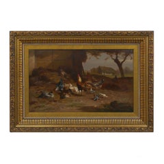""Rooster and Hens" - Peinture de paysage belge ancienne d'Eugène Remy Maes