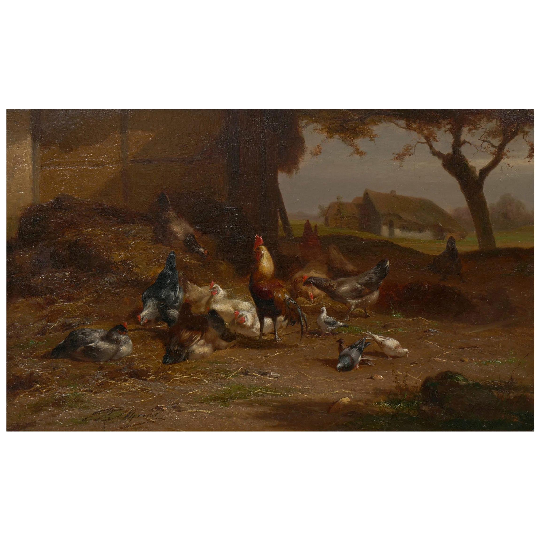 "Rooster and Hens” Antique Belgian Landscape Painting by Eugene Remy Maes