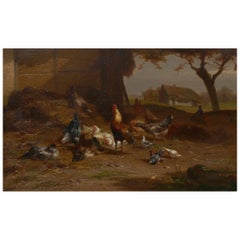 "Rooster and Hens” Antique Belgian Landscape Painting by Eugene Remy Maes