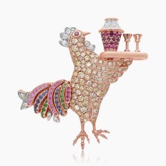 Rooster Bird Chicken Diamond Sapphire Ruby Garnet & Pearl Gold Cocktail Brooch