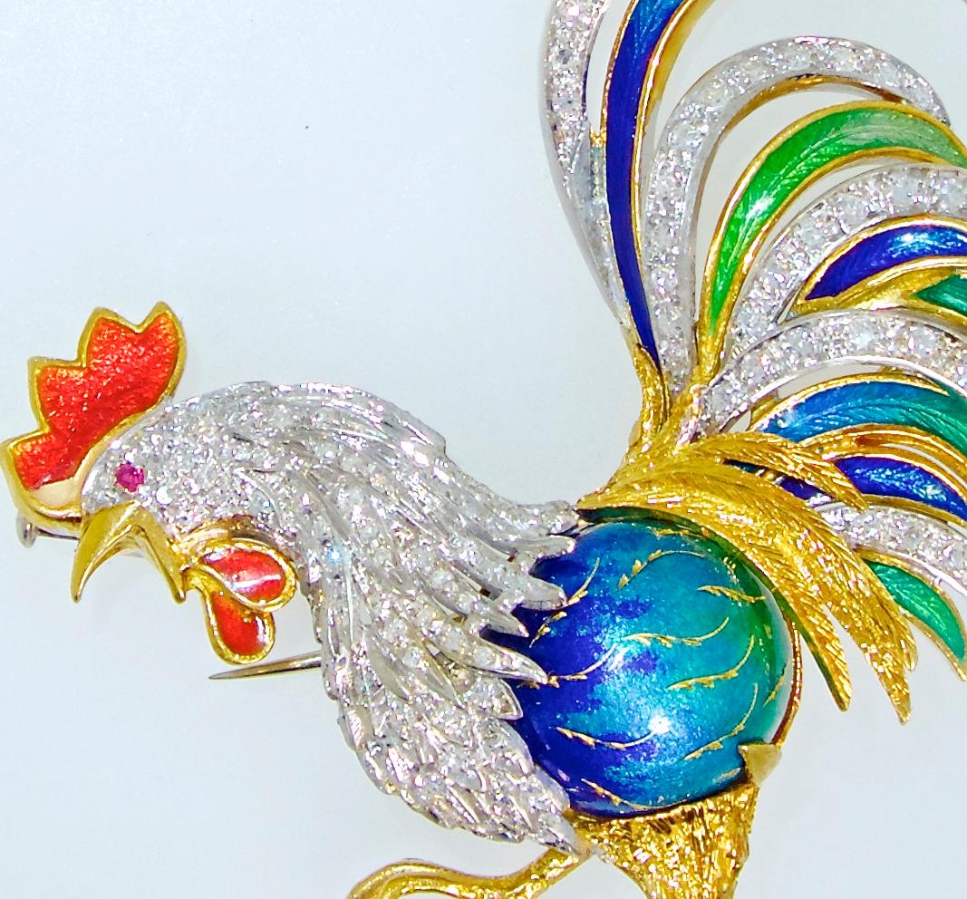 Contemporary Rooster Brooch in 18 Karat with Diamonds and Enamel