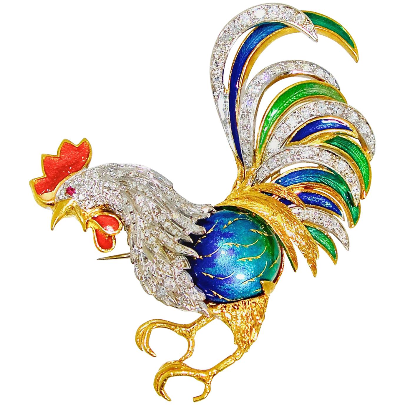 Rooster Brooch in 18 Karat with Diamonds and Enamel