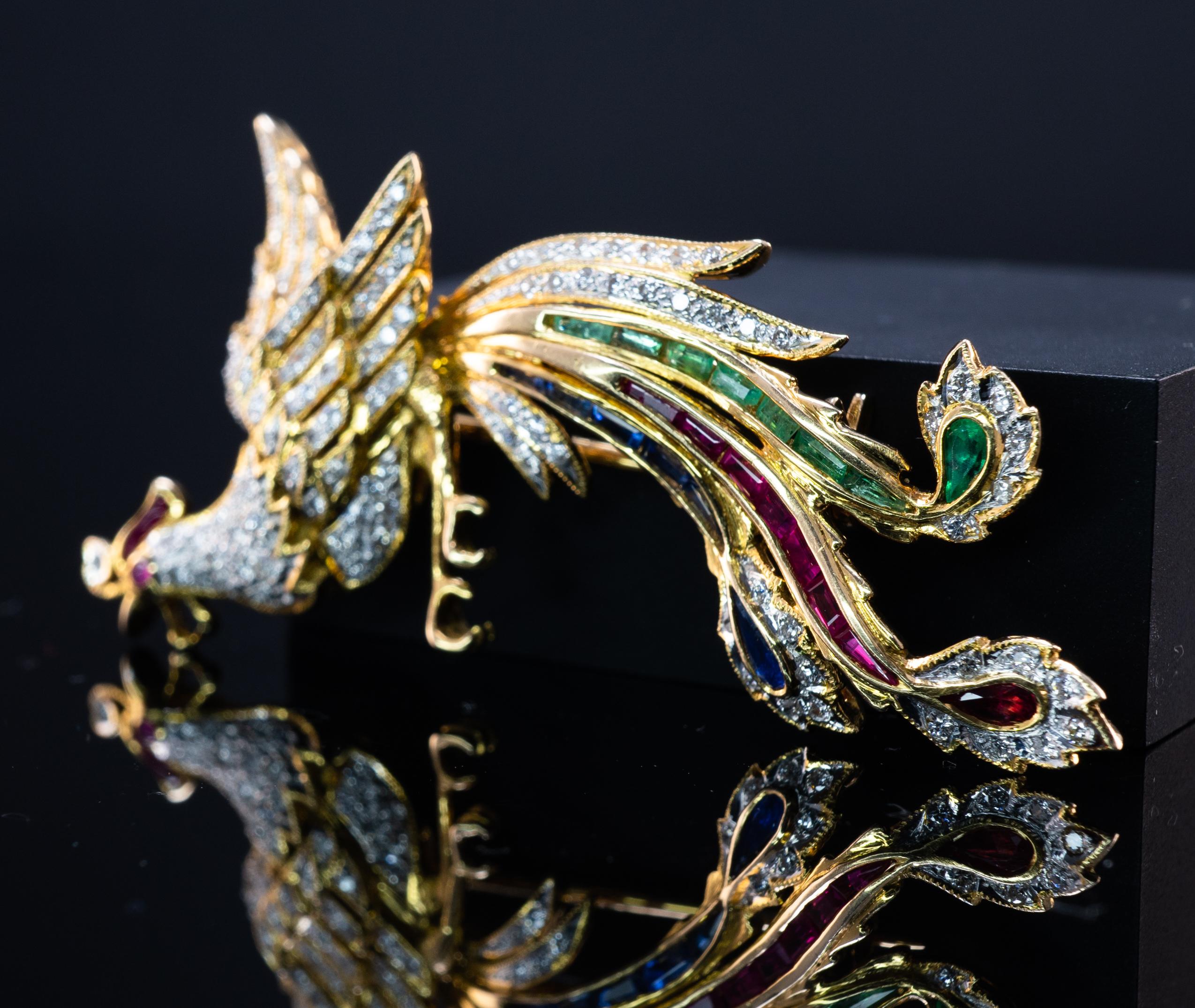 Rooster Brooch Natural Diamond Emerald Ruby Sapphire Pin 14K Gold For ...