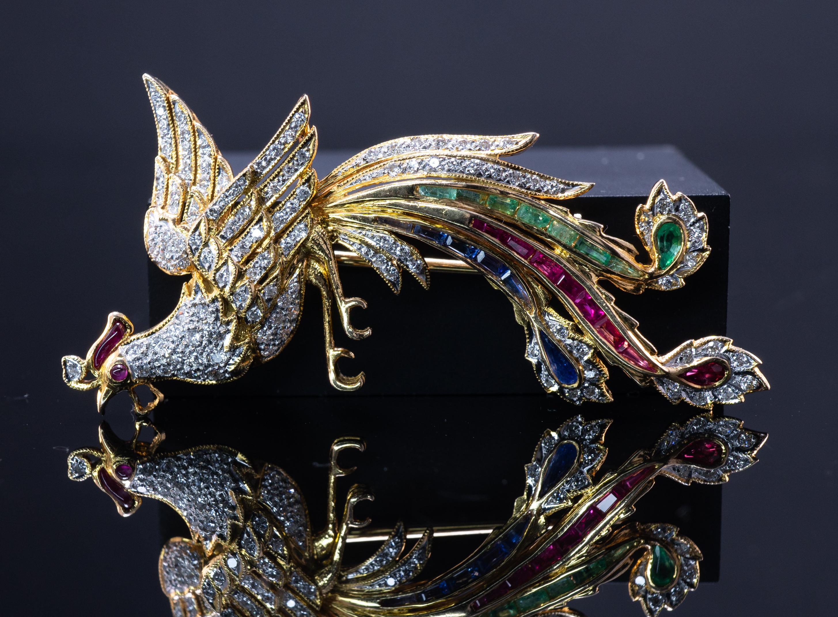 Rooster Brooch Natural Diamond Emerald Ruby Sapphire Pin 14K Gold For ...
