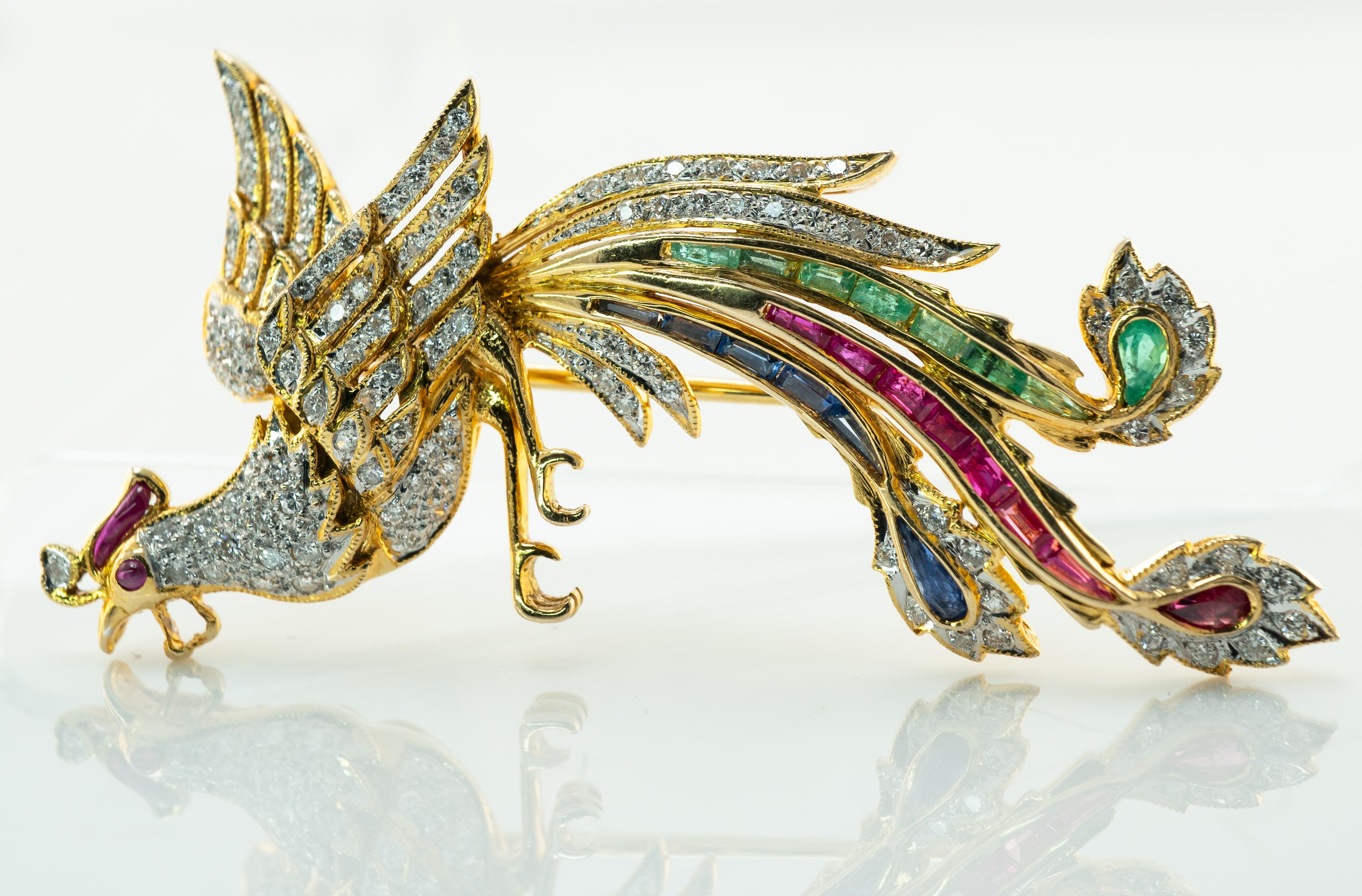 Rooster Brooch Natural Diamond Emerald Ruby Sapphire Pin 14K Gold For ...