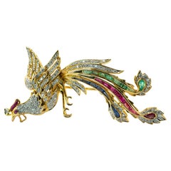 Rooster Brooch  Natural Diamond Emerald Ruby  Sapphire Pin 14K Gold