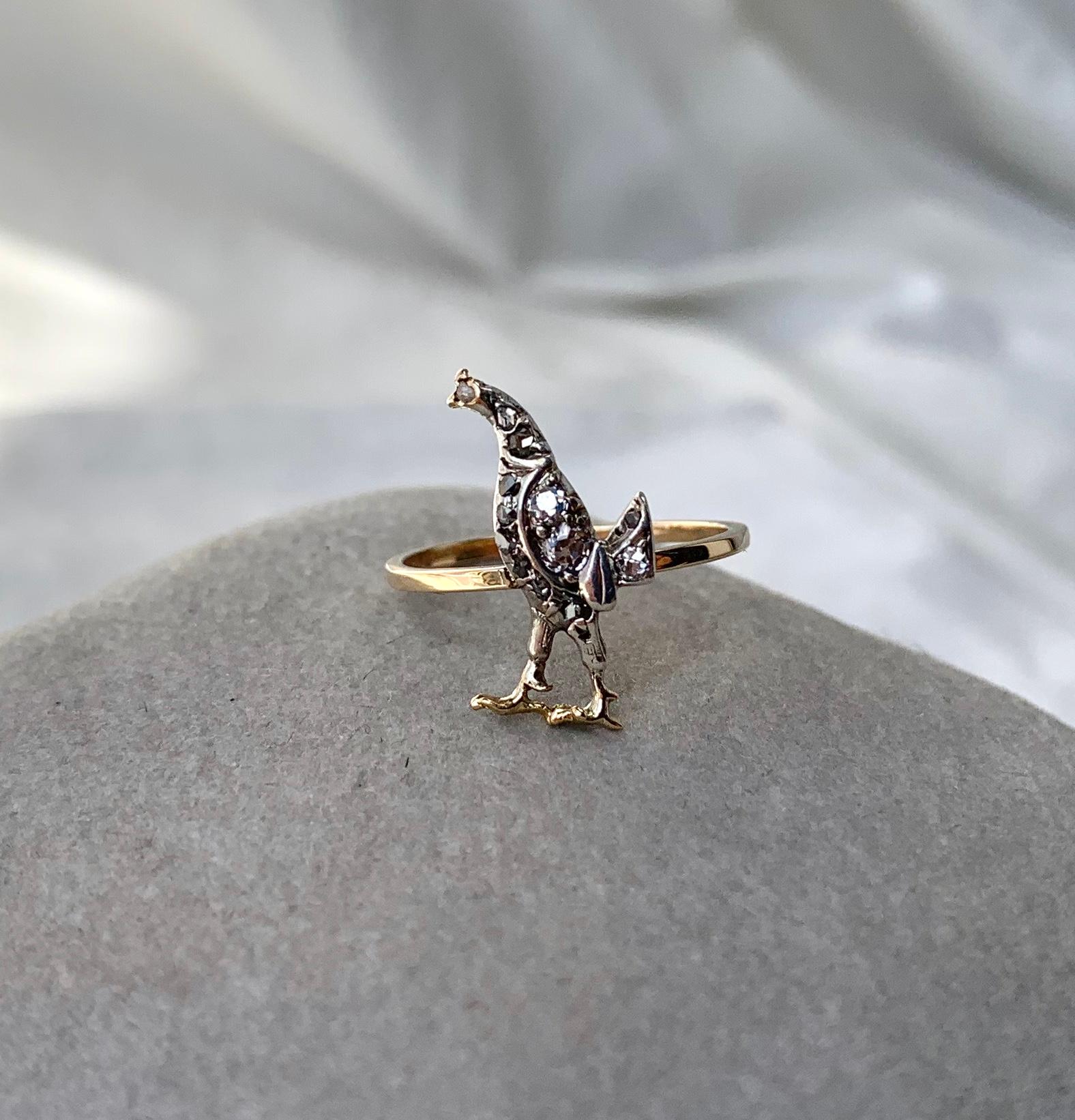 Rooster Chicken Bird Rose Cut Diamond Platinum Ring Victorian Edwardian Cockerel In Good Condition In New York, NY