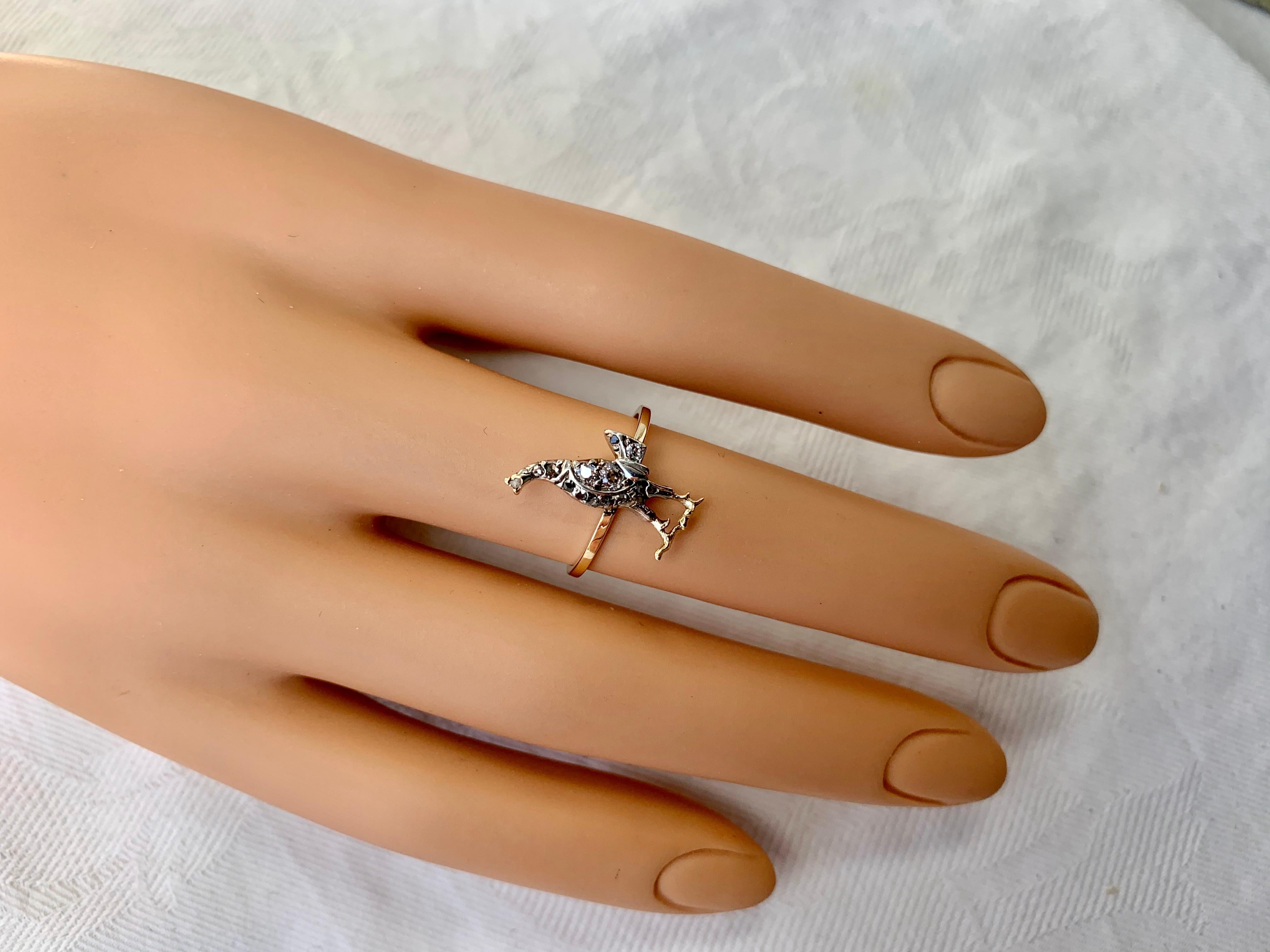 Women's Rooster Chicken Bird Rose Cut Diamond Platinum Ring Victorian Edwardian Cockerel