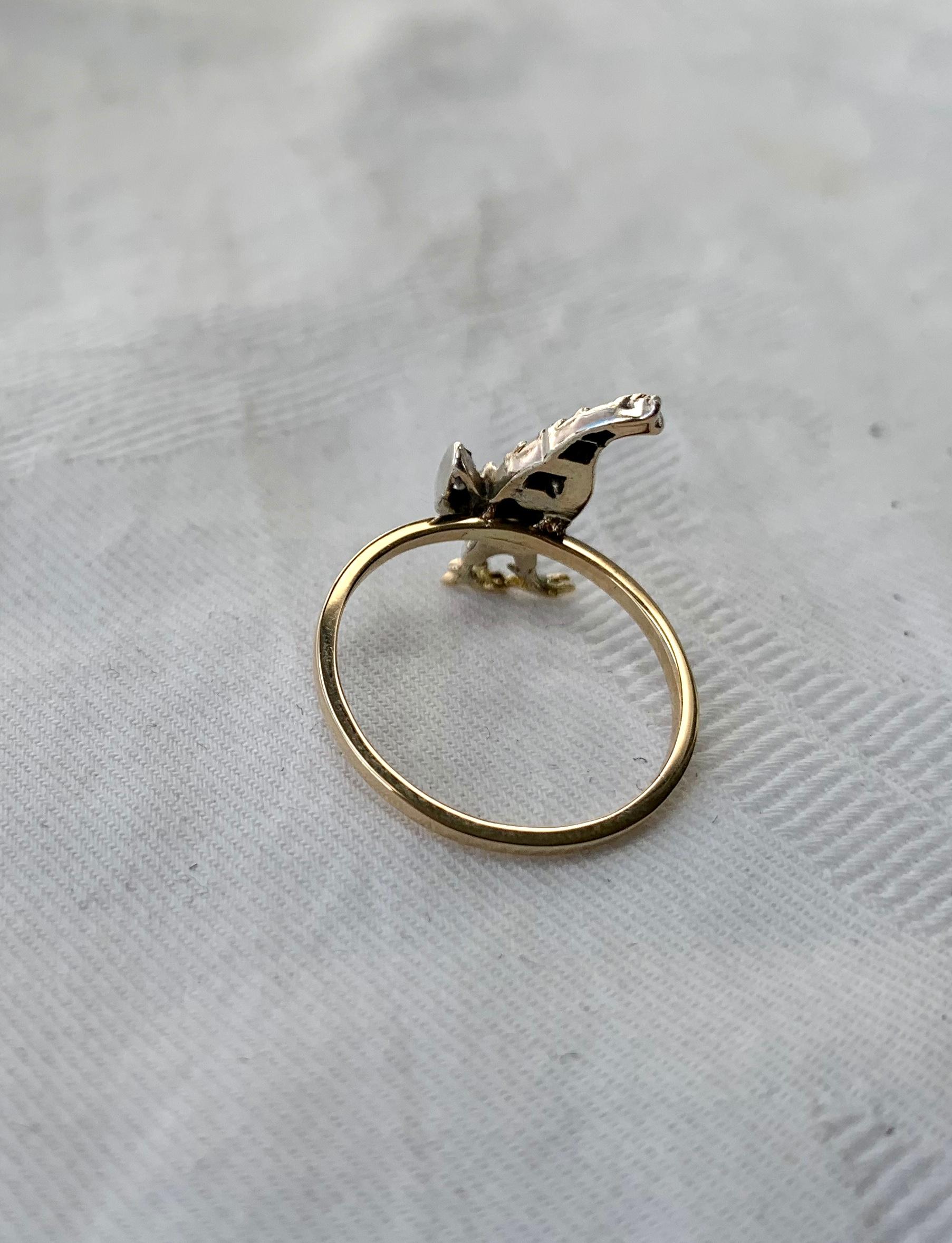 Rooster Chicken Bird Rose Cut Diamond Platinum Ring Victorian Edwardian Cockerel 2